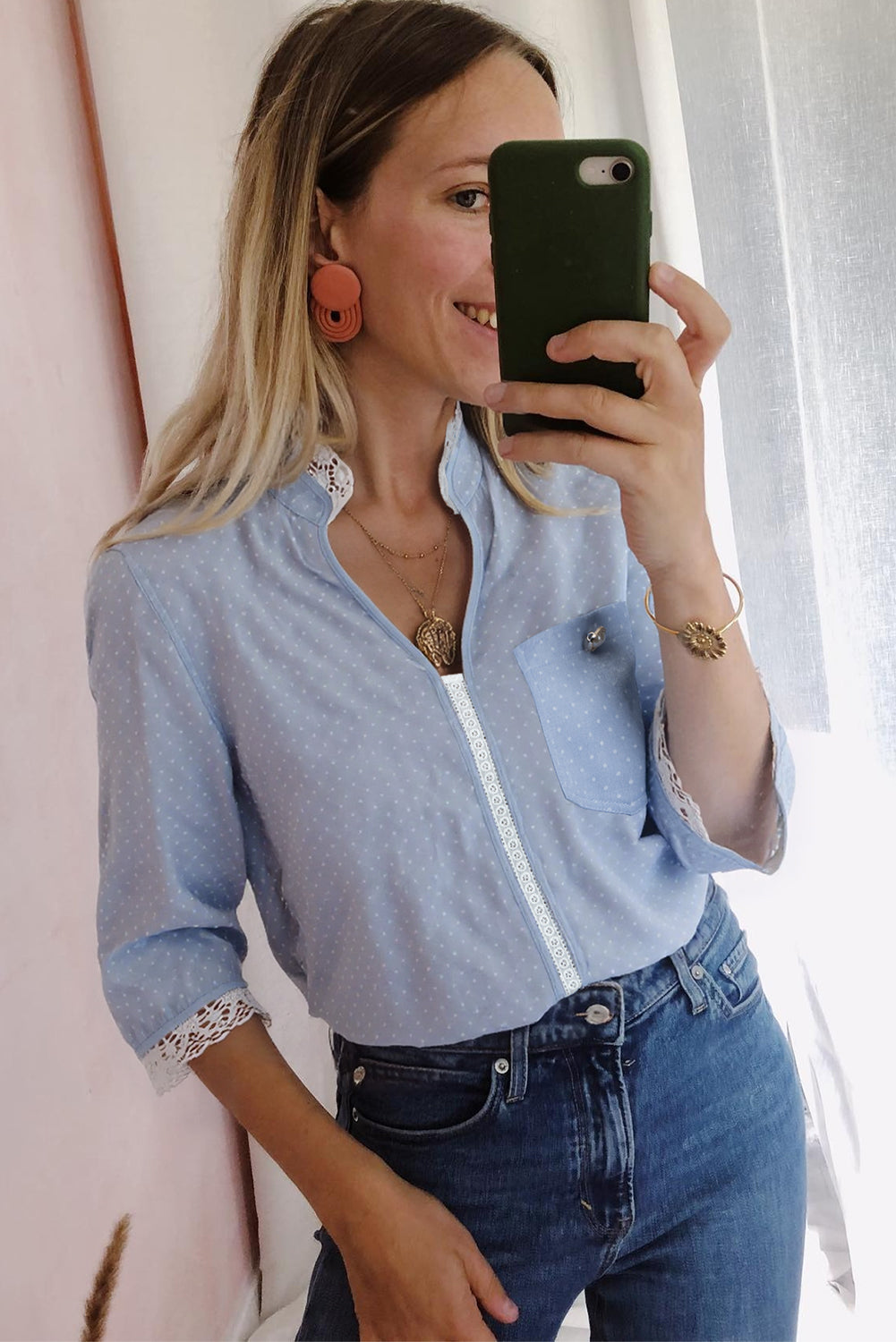 Beau Blue Lace Trim Patchwork Dotted Print Collared Denim Blouse-Tops/Blouses & Shirts-[Adult]-[Female]-2022 Online Blue Zone Planet
