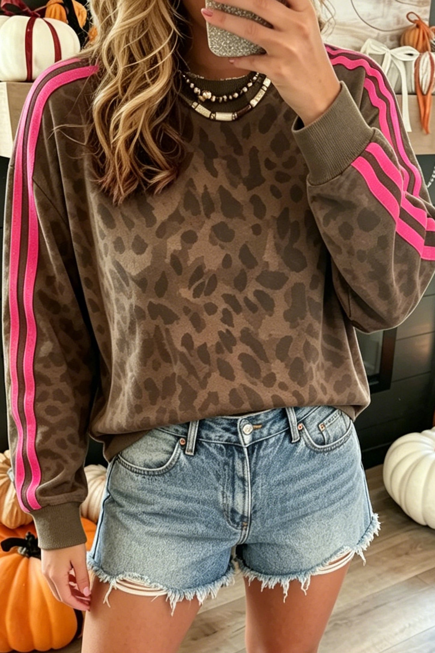 Brown Leopard Print Striped Detail Relaxed Pullover Sweatshirt-Tops/Sweatshirts & Hoodies-[Adult]-[Female]-Brown-S-2022 Online Blue Zone Planet