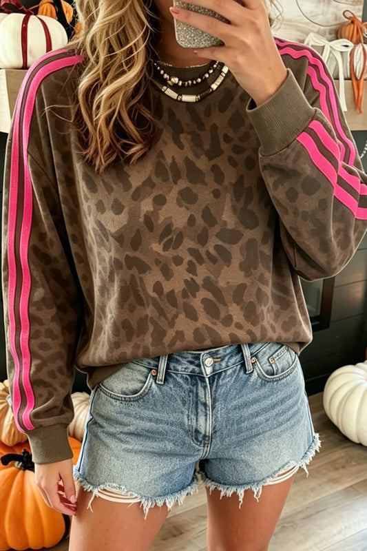 Brown Leopard Print Striped Detail Relaxed Pullover Sweatshirt-Tops/Sweatshirts & Hoodies-[Adult]-[Female]-Brown-S-2022 Online Blue Zone Planet
