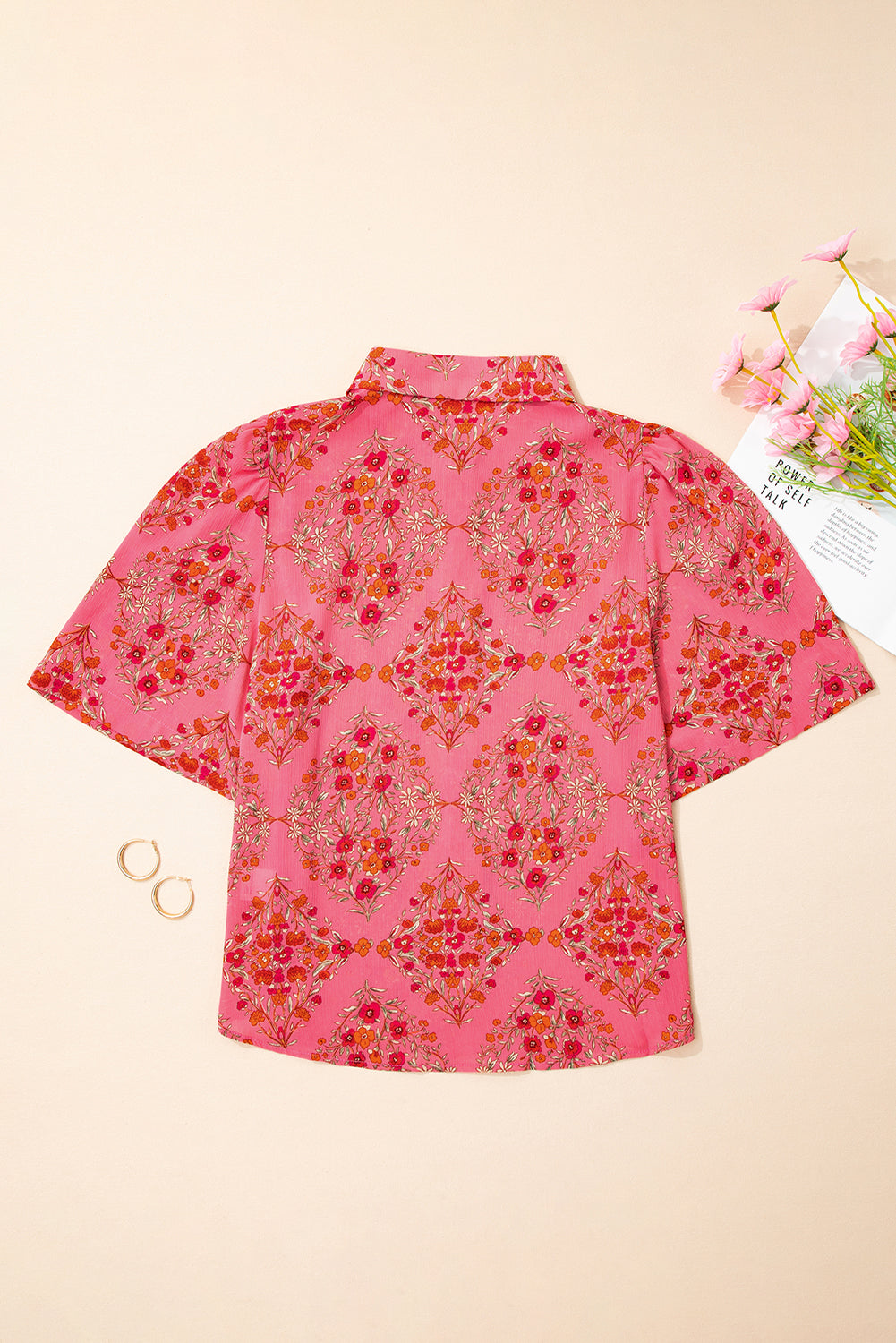 Rose Red Floral Print Wide Short Sleeve Loose Shirt-Tops/Blouses & Shirts-[Adult]-[Female]-2022 Online Blue Zone Planet