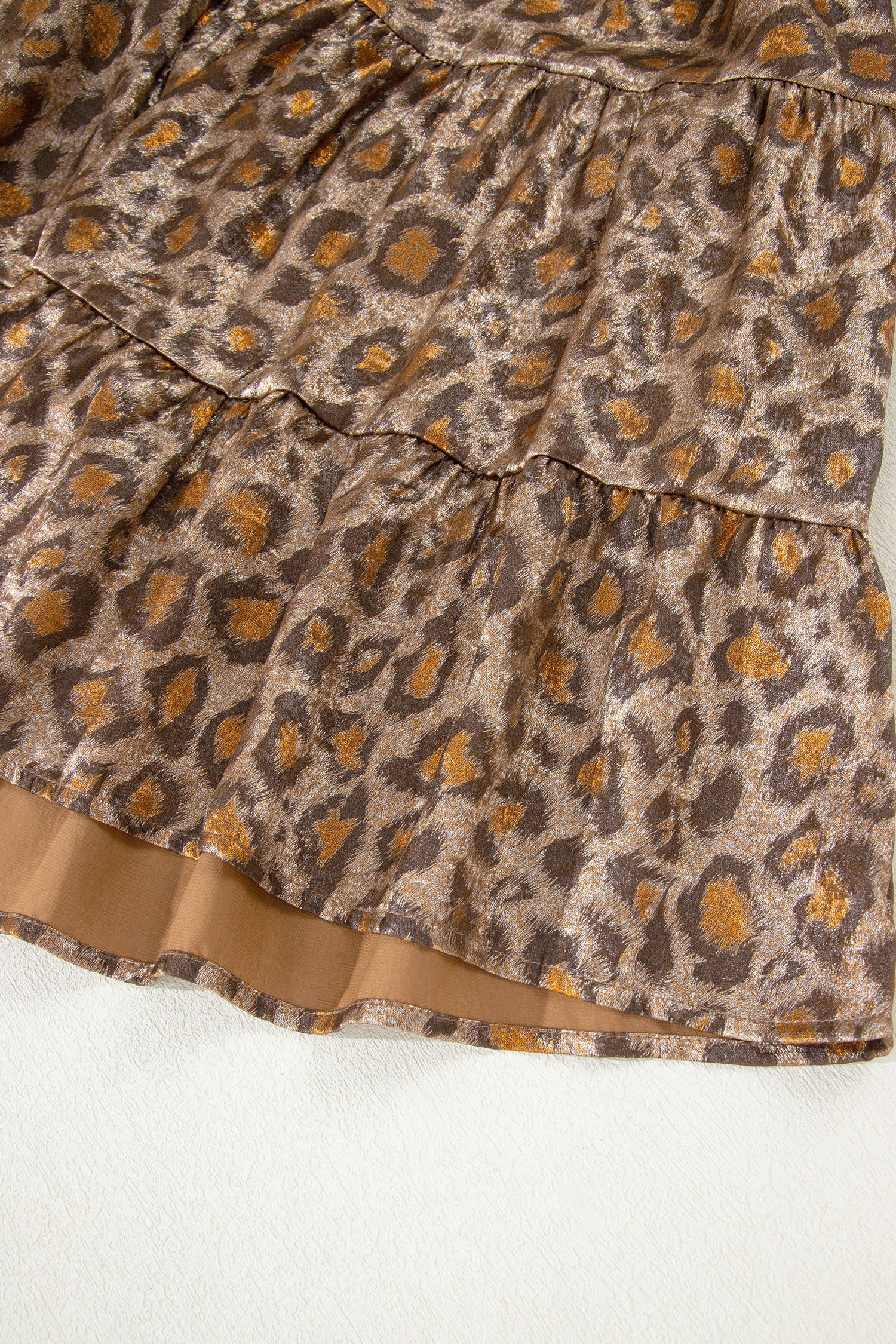 Khaki Leopard Print V Neck Ruffled Sleeve Tiered Loose Mini Dress-TOPS / DRESSES-[Adult]-[Female]-2022 Online Blue Zone Planet