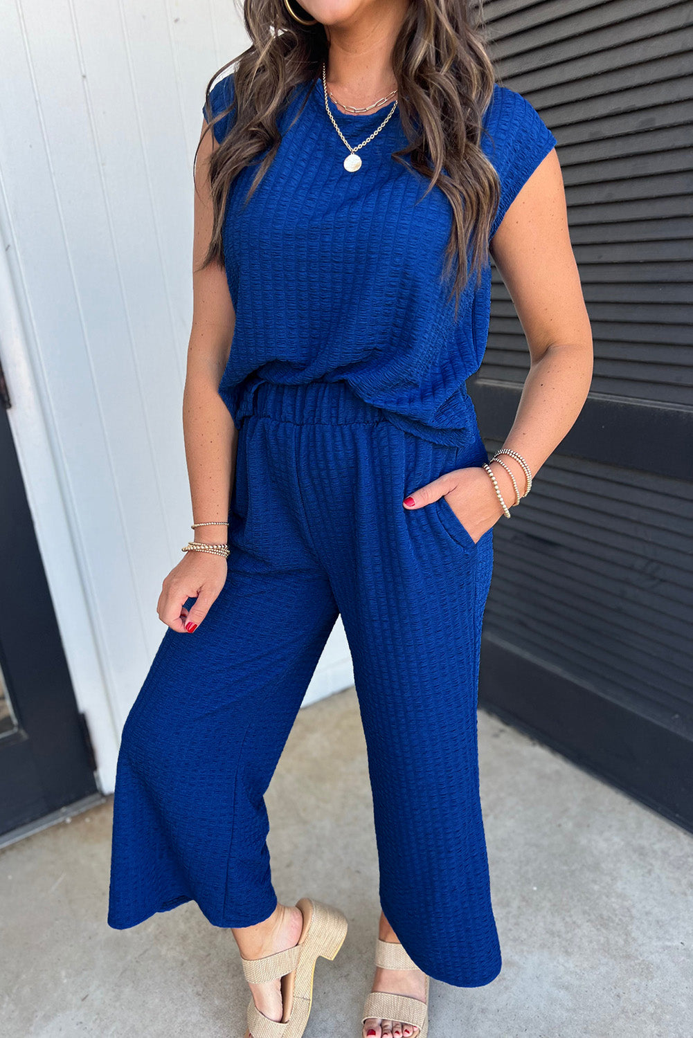 Color black Textured Knit Cap Sleeve T Shirt and Wide Leg Pants Set-Two Piece Sets/Pant Sets-[Adult]-[Female]-Sky Blue-S-2022 Online Blue Zone Planet