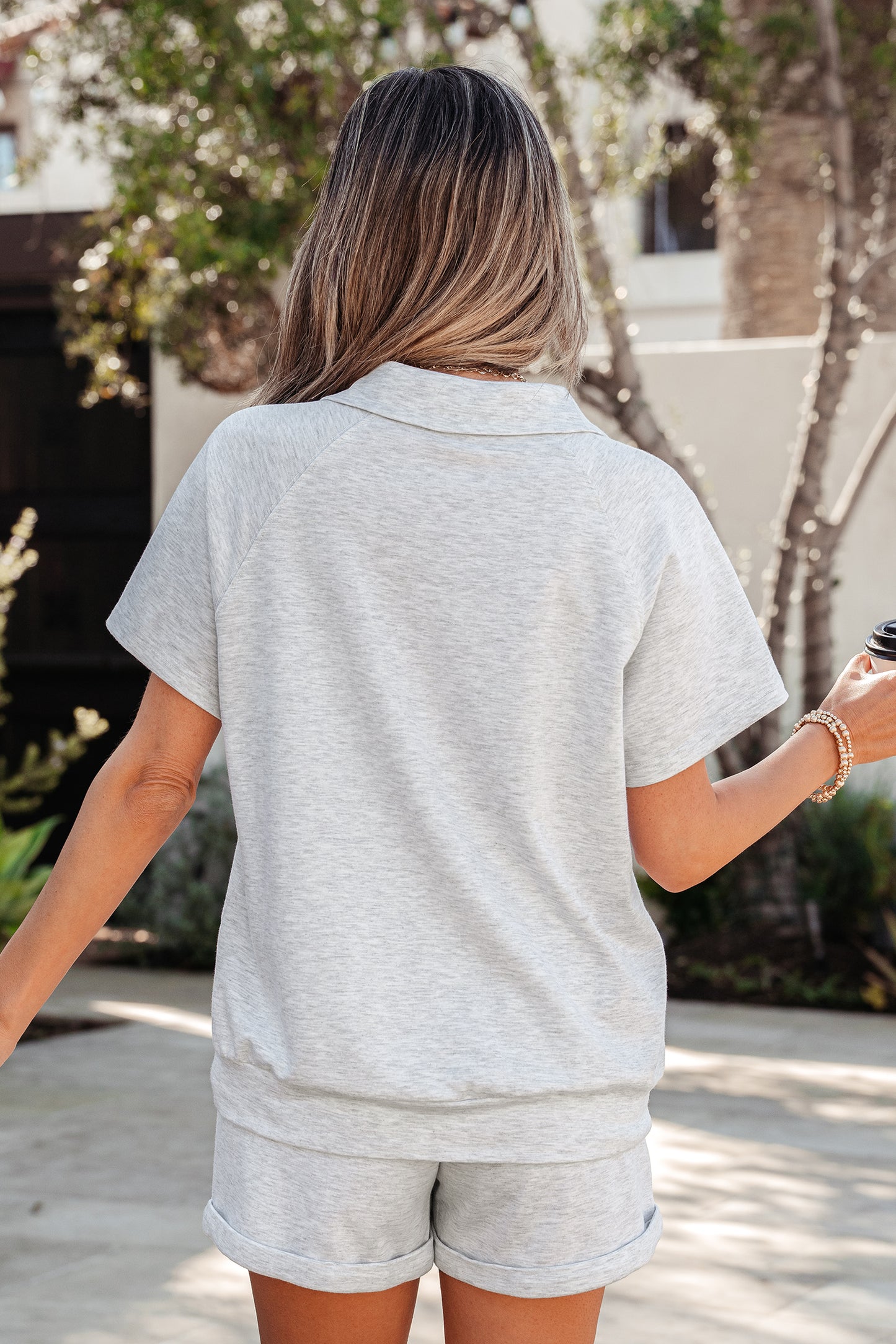 Light Grey Collared V Neck Tee Drawstring Elastic Waist Shorts 2pcs Outfit-Two Piece Sets/Short Sets-[Adult]-[Female]-2022 Online Blue Zone Planet