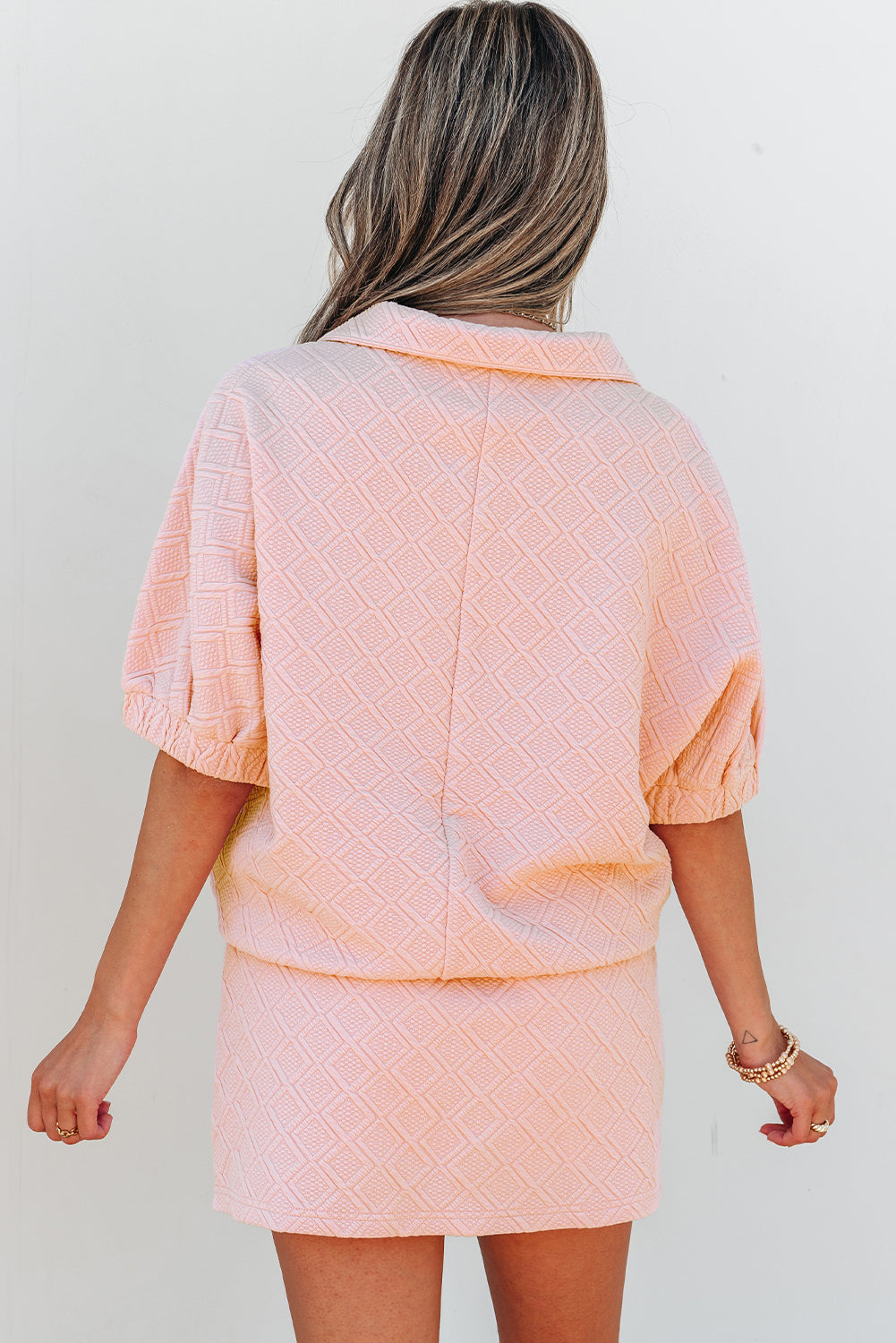 Light Pink Striped Collared Zip up Textured Skirt Set-Two Piece Sets/Two Piece Dresses-[Adult]-[Female]-2022 Online Blue Zone Planet
