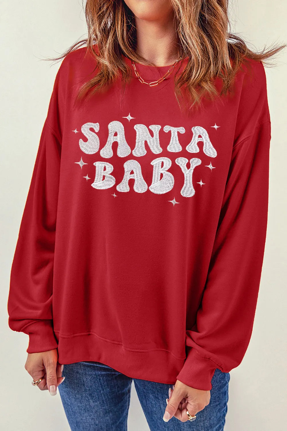 SANTA BABY Round Neck Long Sleeve Sweatshirt-TOPS / DRESSES-[Adult]-[Female]-Deep Red-S-2022 Online Blue Zone Planet