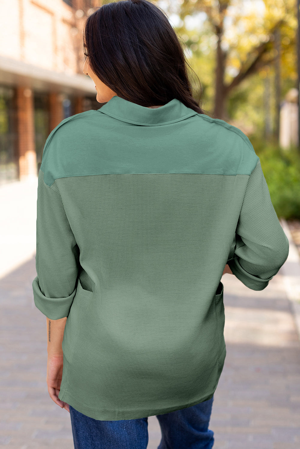 Blue Zone Planet | Smoke Green Waffle Long Sleeve Collar Half Button Loose Top-Tops/Long Sleeve Tops-[Adult]-[Female]-2022 Online Blue Zone Planet