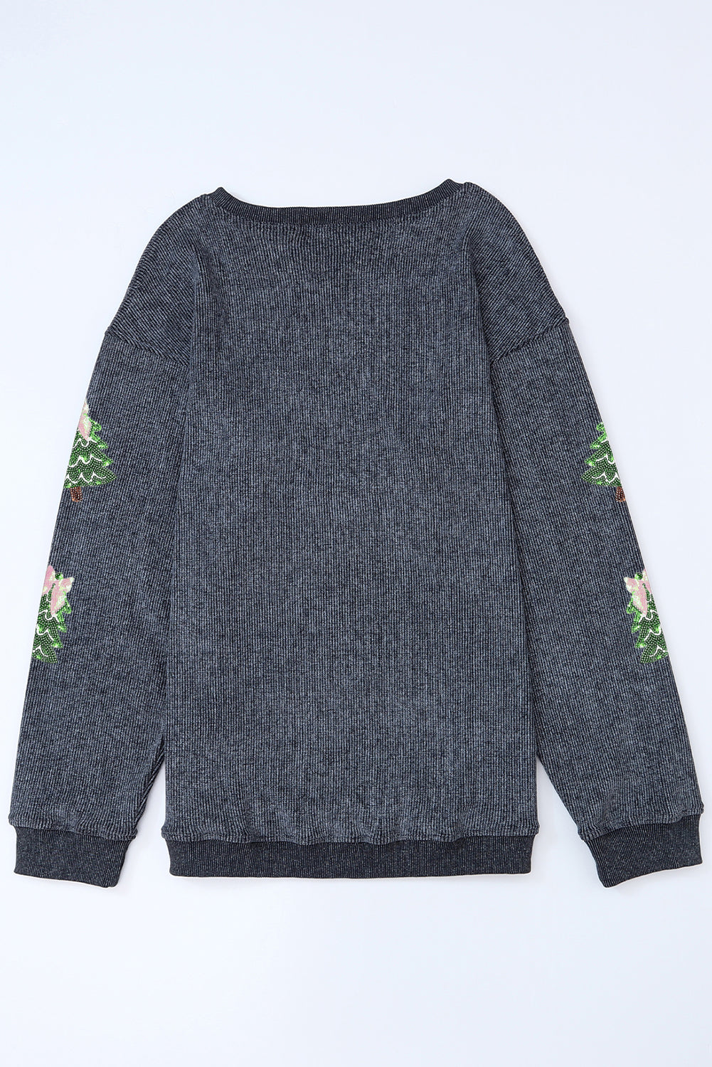 Gray Ribbed Round Neck Sequin Christmas Tree Patched Baggy Sweatshirt-Graphic/Graphic Sweatshirts-[Adult]-[Female]-2022 Online Blue Zone Planet