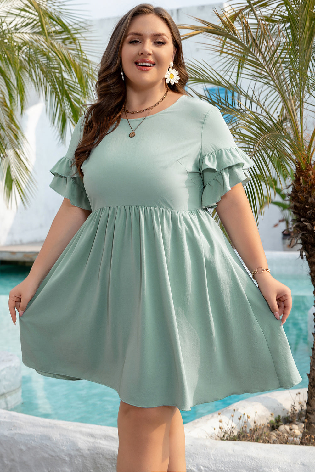 Grass Green Ruffle Trim Short Sleeve Plus Size Flared Mini Dress-TOPS / DRESSES-[Adult]-[Female]-2022 Online Blue Zone Planet
