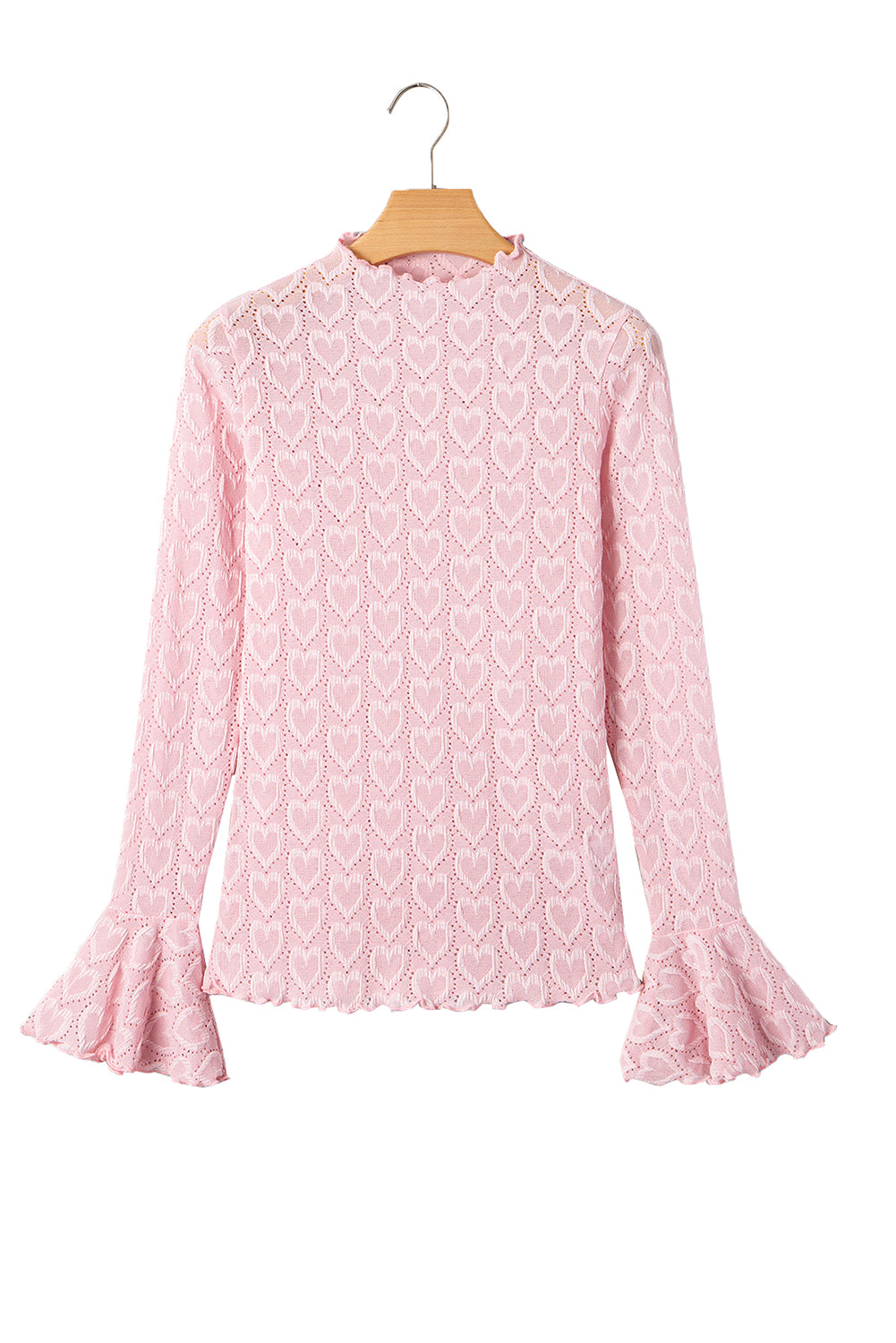 Gossamer Pink Heart Jacquard Flare Sleeve Mock Neck Fitted Top-Tops/Long Sleeve Tops-[Adult]-[Female]-2022 Online Blue Zone Planet
