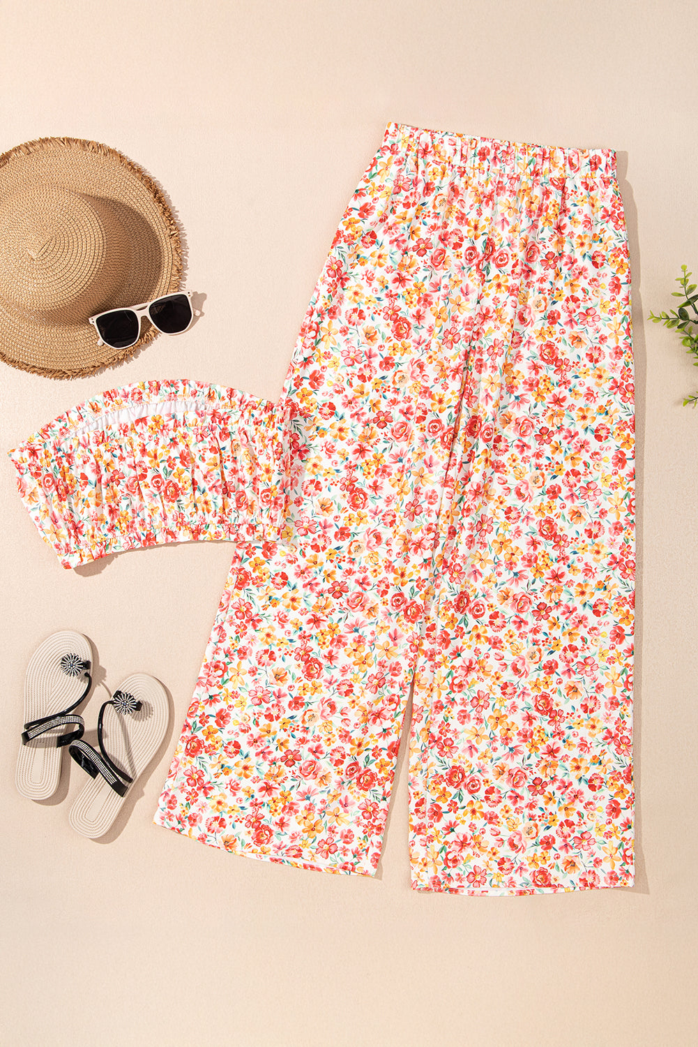 Pink Boho Floral Bandeau Top and High Waist Wide Leg Pants Set-Two Piece Sets/Pant Sets-[Adult]-[Female]-2022 Online Blue Zone Planet