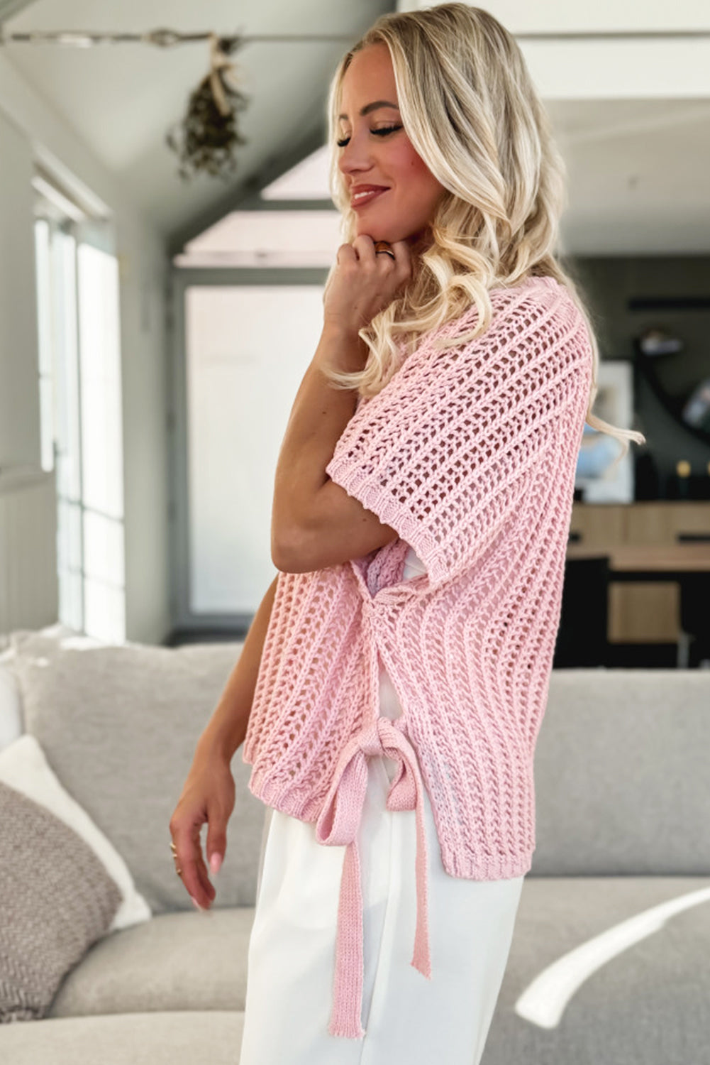 Pink Hollow-out Crochet Side Tied Short Sleeve Sweater-Sweaters & Cardigans/Short Sleeve Sweaters-[Adult]-[Female]-2022 Online Blue Zone Planet