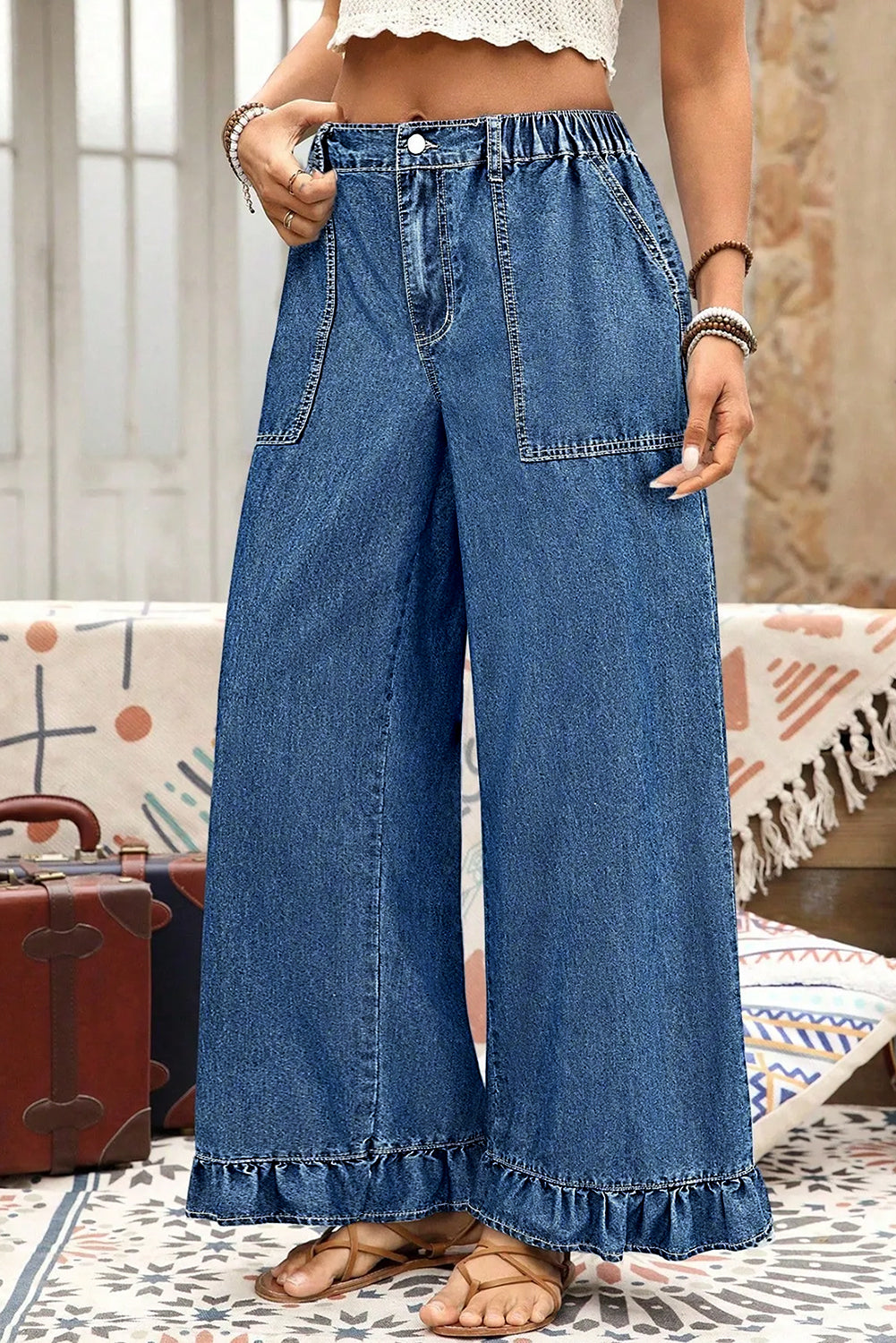 Sail Blue Plus Size Elastic Waist Ruffled Wide Leg Denim Pants-Plus Size/Plus Size Bottoms-[Adult]-[Female]-2022 Online Blue Zone Planet