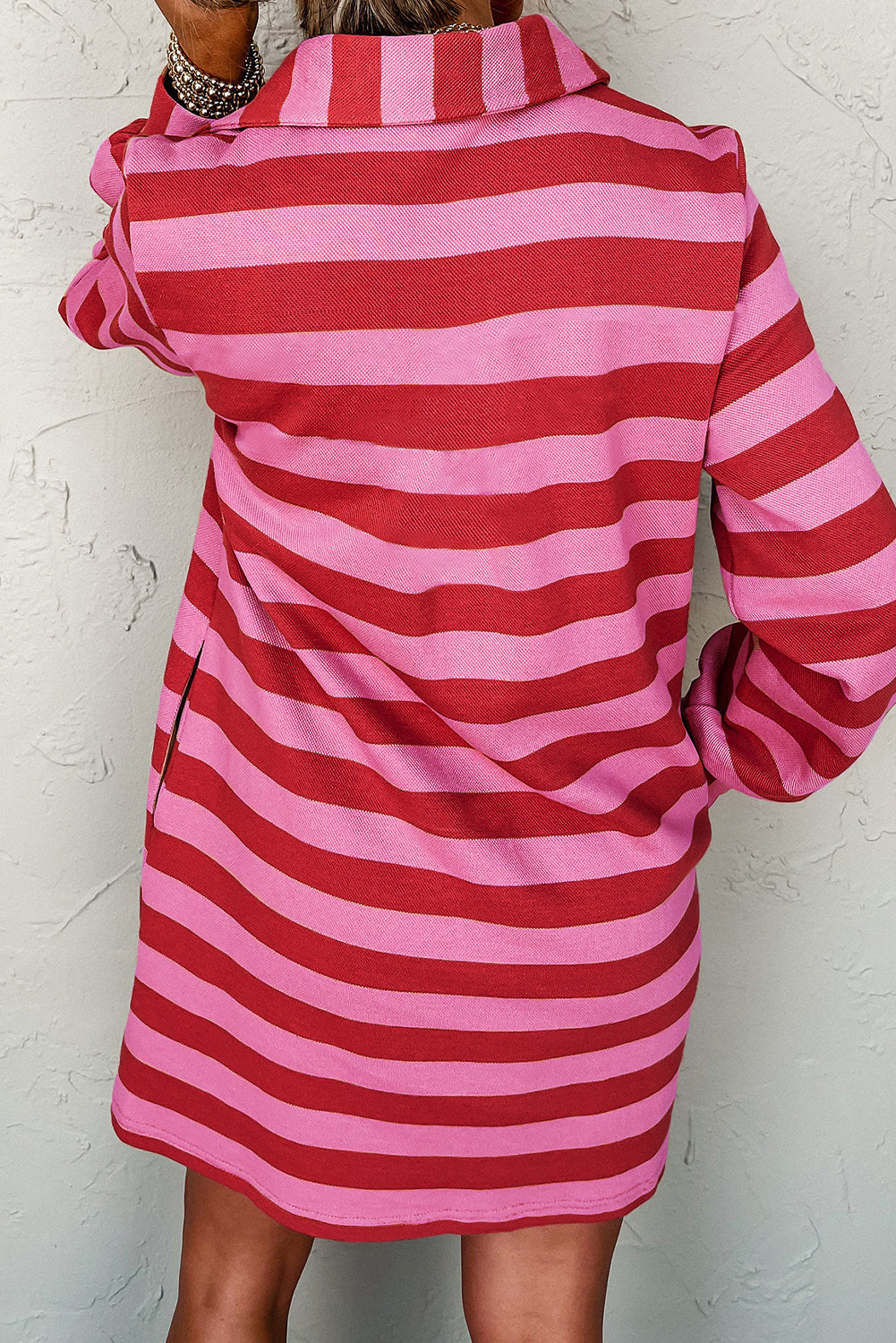 Black Stripe Polo Neck Shift Fit Sweatshirt Dress with Side Pockets-Dresses/Mini Dresses-[Adult]-[Female]-2022 Online Blue Zone Planet