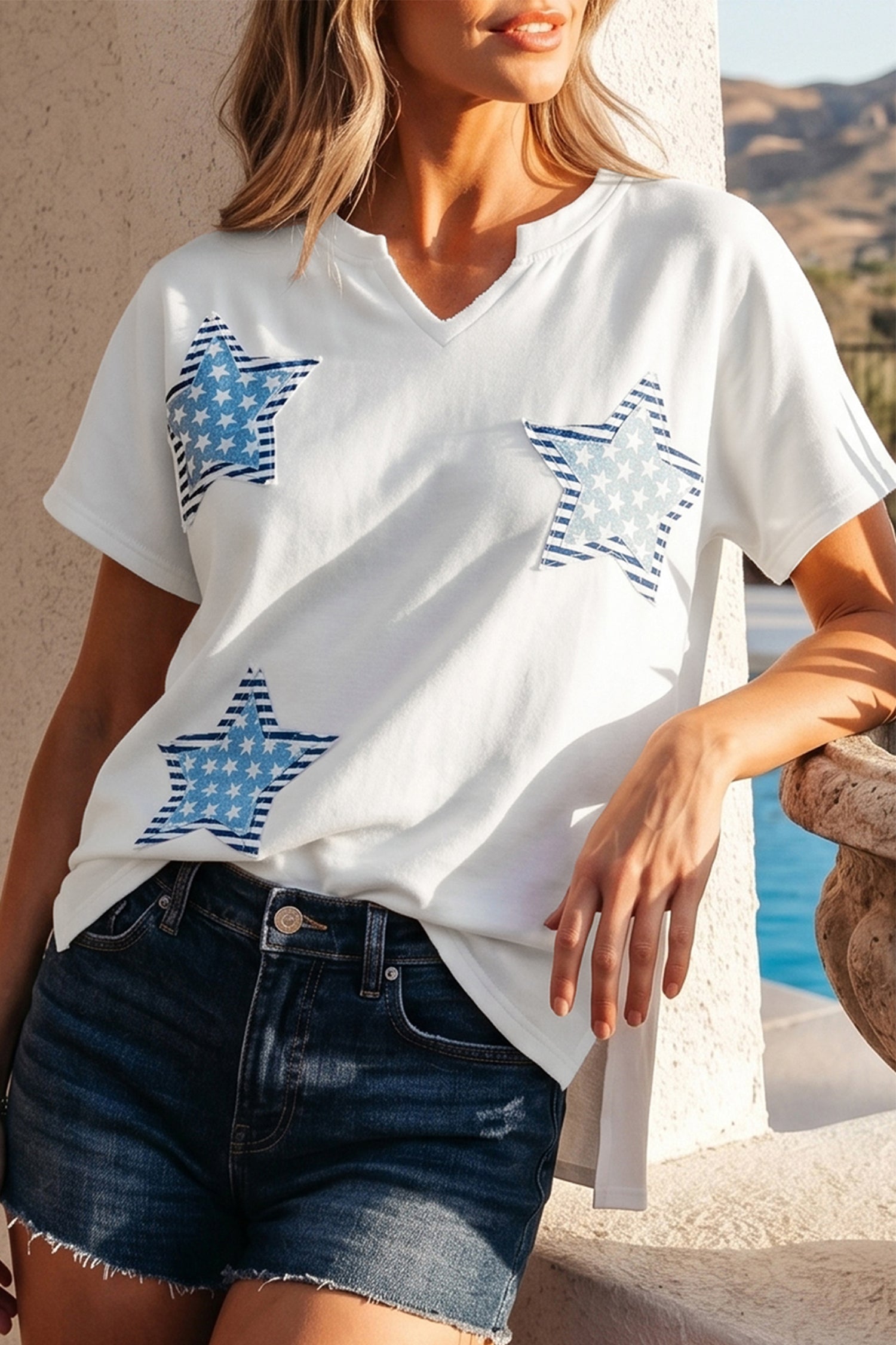 White Patriot Star Patched Notched Neck Mineral Washed Tee-Tops/Tops & Tees-[Adult]-[Female]-2022 Online Blue Zone Planet