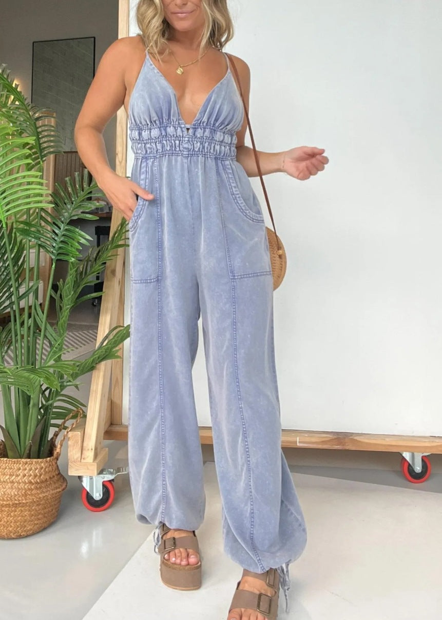 Full Size Spaghetti Strap Jumpsuit with Pockets-TOPS / DRESSES-[Adult]-[Female]-Light Blue-S-2022 Online Blue Zone Planet