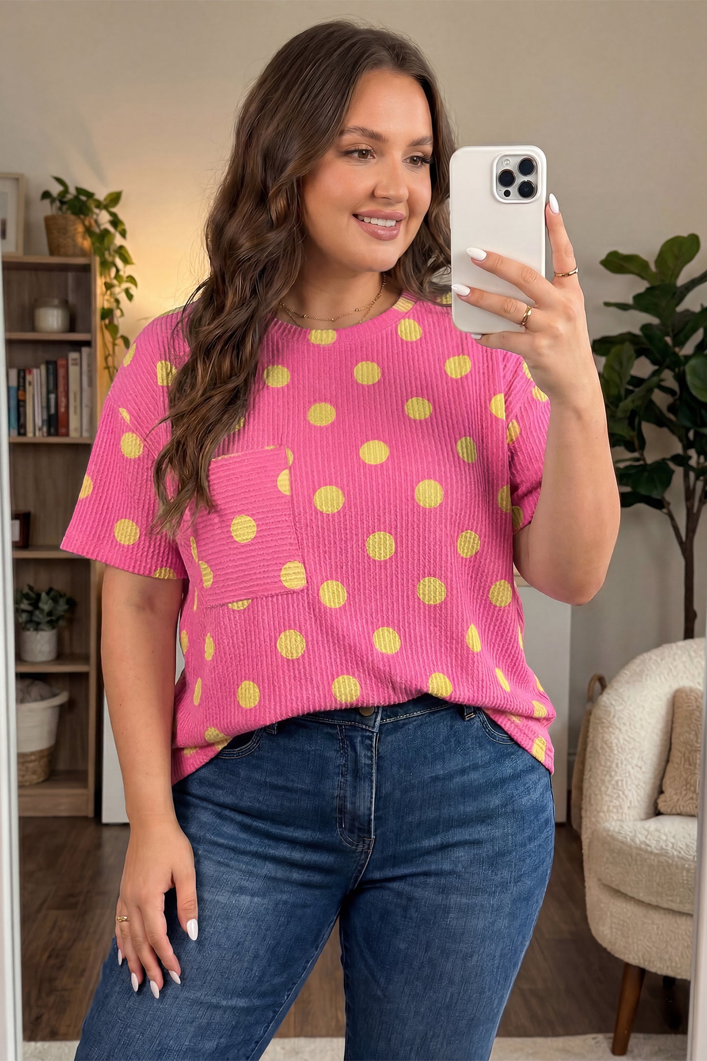 Sky Blue Twisted Rib Polka Dot Print Plus Size T Shirt-Plus Size/Plus Size Tops/Plus Size Tops & Tees-[Adult]-[Female]-2022 Online Blue Zone Planet