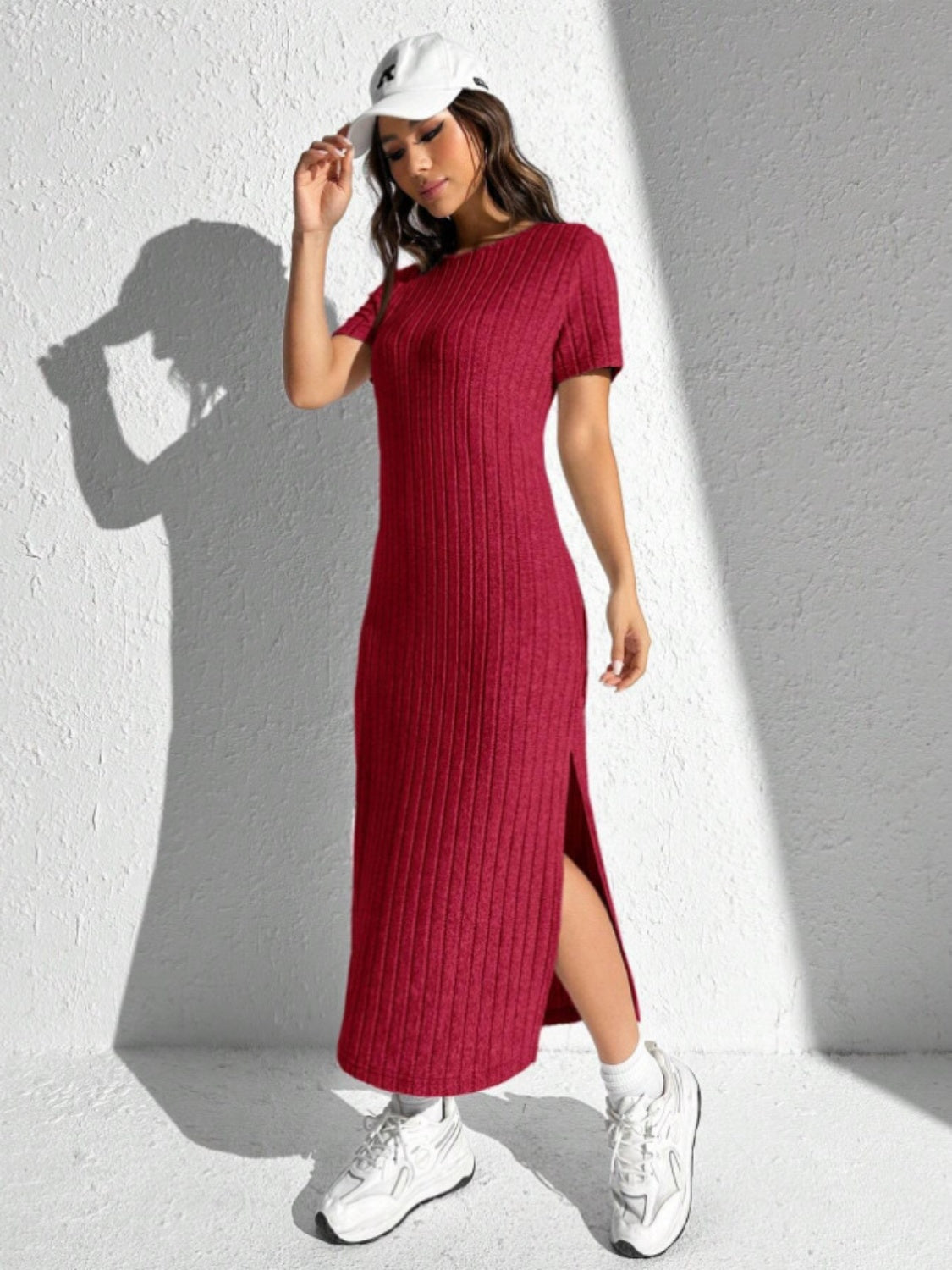 Slit Round Neck Short Sleeve Sweater Dress-TOPS / DRESSES-[Adult]-[Female]-2022 Online Blue Zone Planet