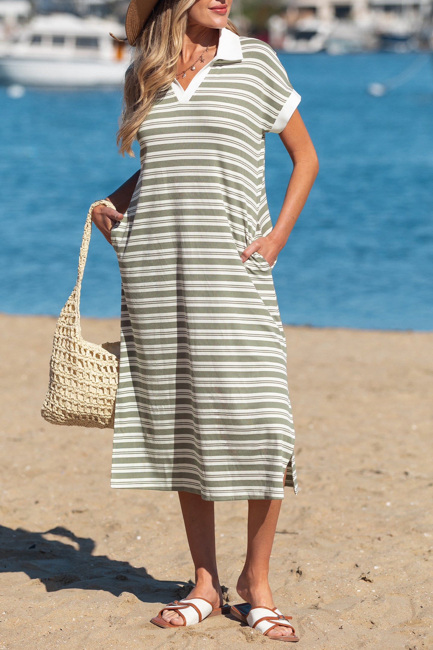 Green Stripe Collared V Neck Short Sleeve T Shirt Midi Dress with Pockets-TOPS / DRESSES-[Adult]-[Female]-2022 Online Blue Zone Planet
