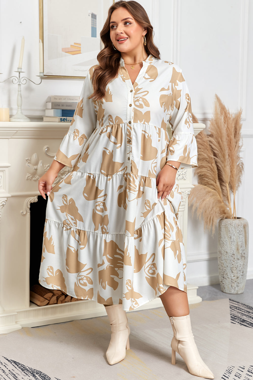 Khaki Patterned Ruffled Sleeve Half Placket Tiered A-line Plus Size Long Dress-TOPS / DRESSES-[Adult]-[Female]-2022 Online Blue Zone Planet