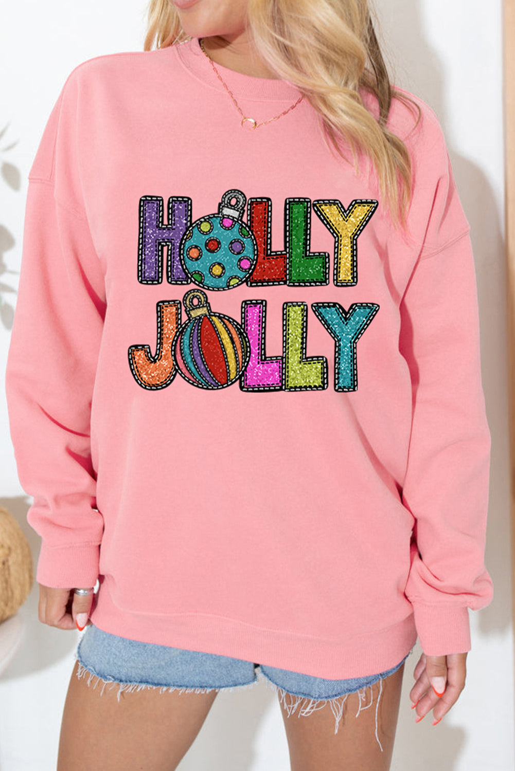 Pink HOLLY JOLLY Christmas Festive Letter Graphic Sweatshirt-Graphic Sweatshirts-[Adult]-[Female]-2022 Online Blue Zone Planet