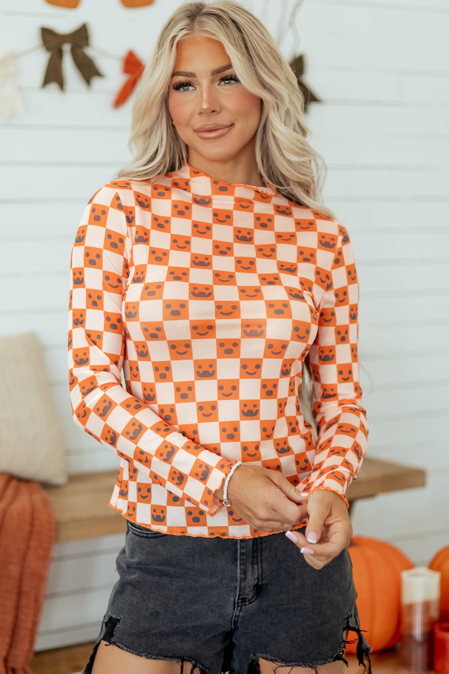 Orange Abstract Halloween Pattern Long Sleeve Stand Neck Shift Blouse