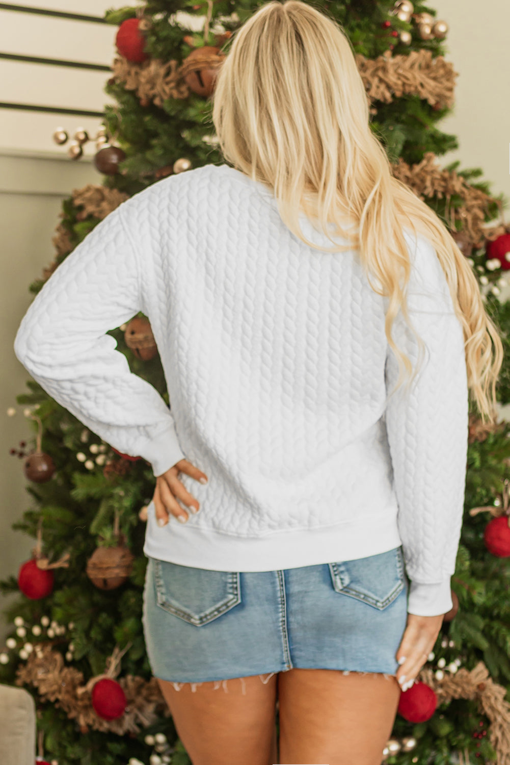 White Merry And Bright Cable Knit Pullover Sweatshirt-Tops/Sweatshirts & Hoodies-[Adult]-[Female]-2022 Online Blue Zone Planet