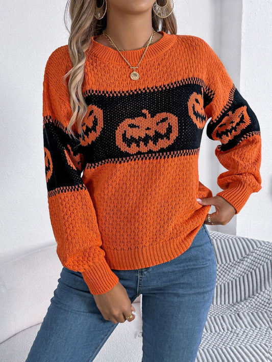 Pumpkin Round Neck Long Sleeve Sweater-TOPS / DRESSES-[Adult]-[Female]-Orange-S-2022 Online Blue Zone Planet