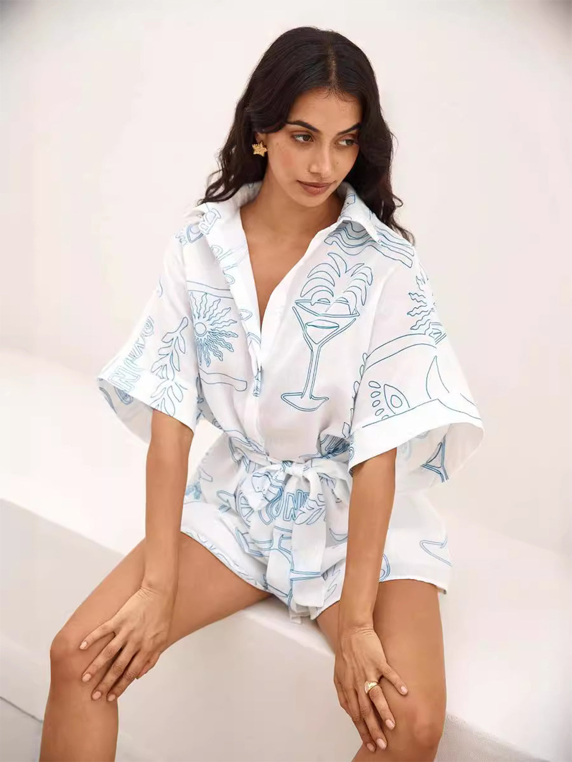 Printed Collared Neck Half Sleeve Romper-TOPS / DRESSES-[Adult]-[Female]-White-S-2022 Online Blue Zone Planet