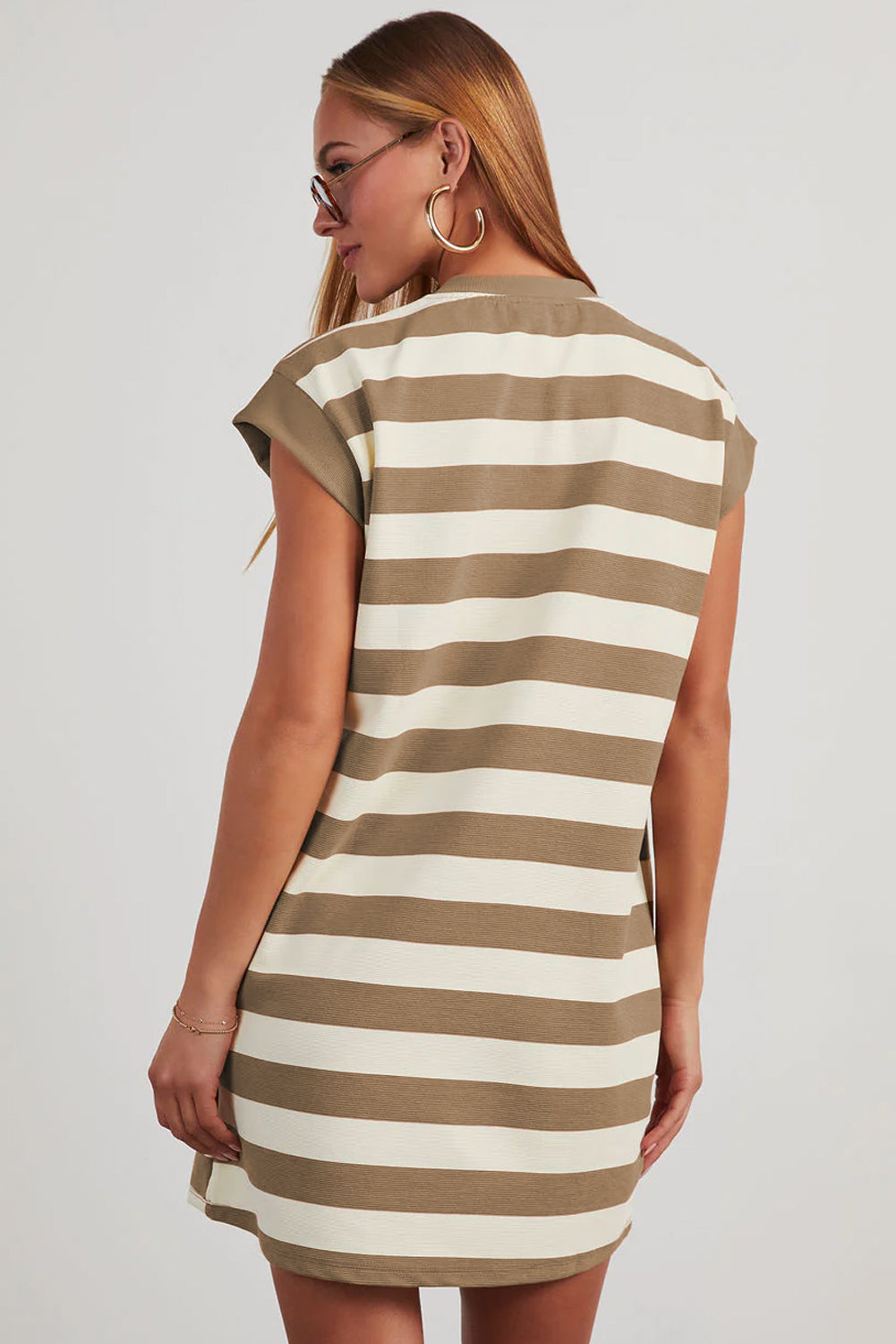 Khaki Stripe Cap Sleeve Shift T Shirt Dress-TOPS / DRESSES-[Adult]-[Female]-2022 Online Blue Zone Planet