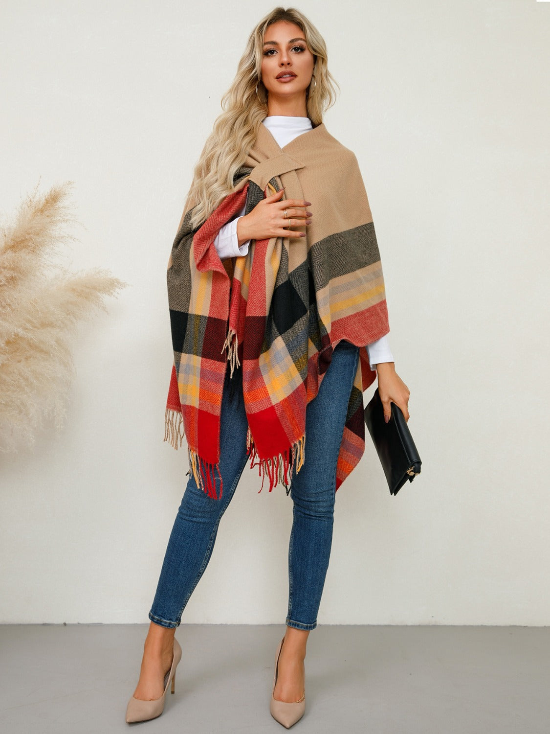 Fringe Contrast Plaid Poncho-TOPS / DRESSES-[Adult]-[Female]-2022 Online Blue Zone Planet