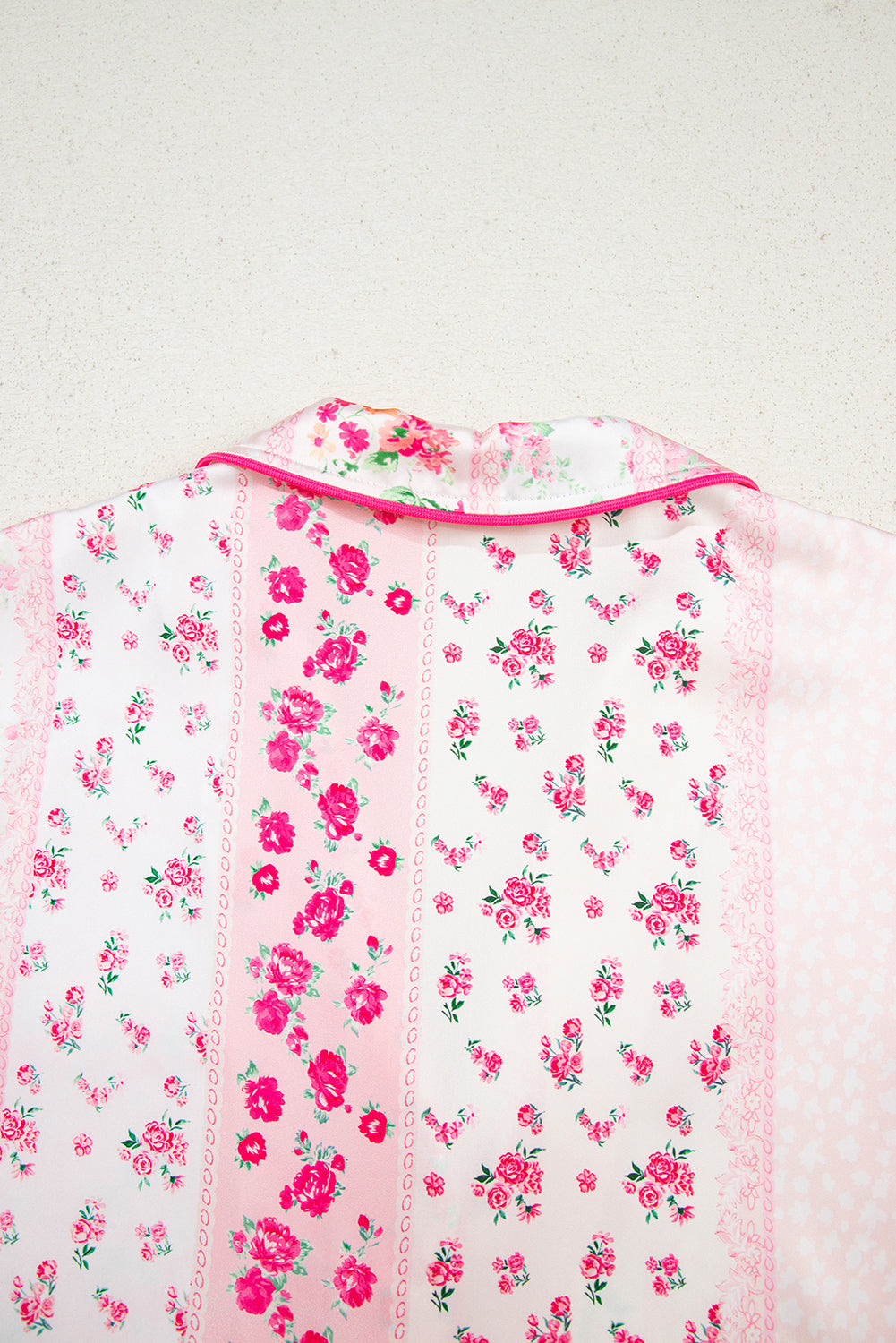 Pink Mixed Floral Print Contrast Piping Trim Satin Tie 2pcs Pajama Set-Loungewear & Sleepwear/Sleepwear-[Adult]-[Female]-2022 Online Blue Zone Planet
