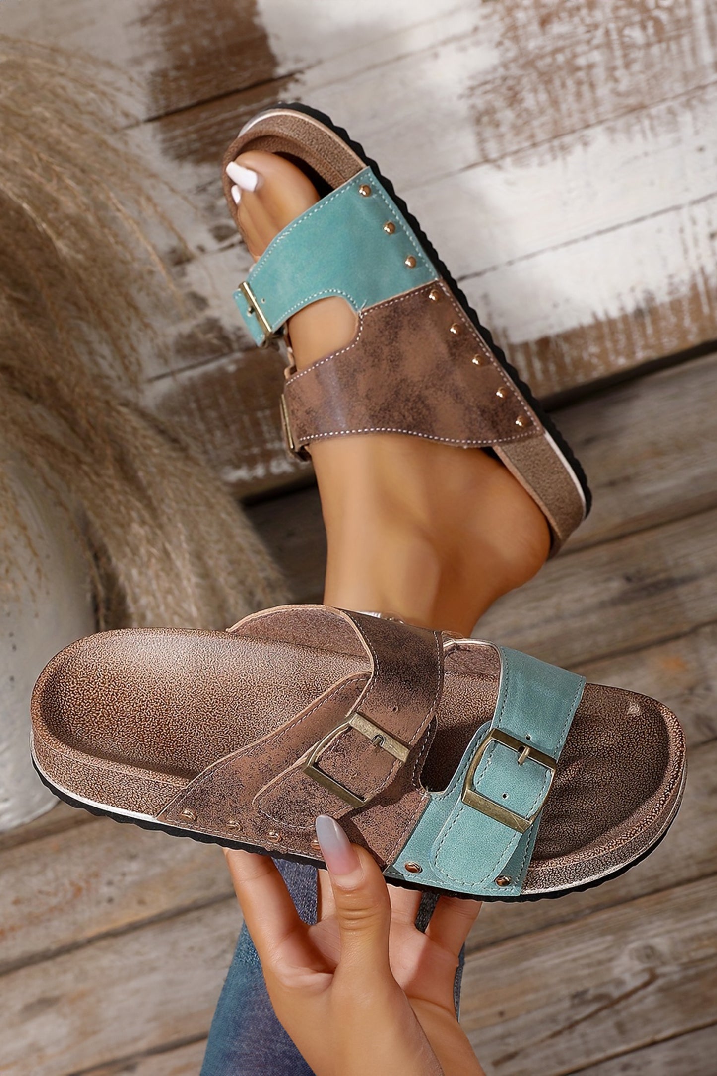 Black white Denim Distressed Retro Buckle Straps Hollowed Faux Suede Slippers