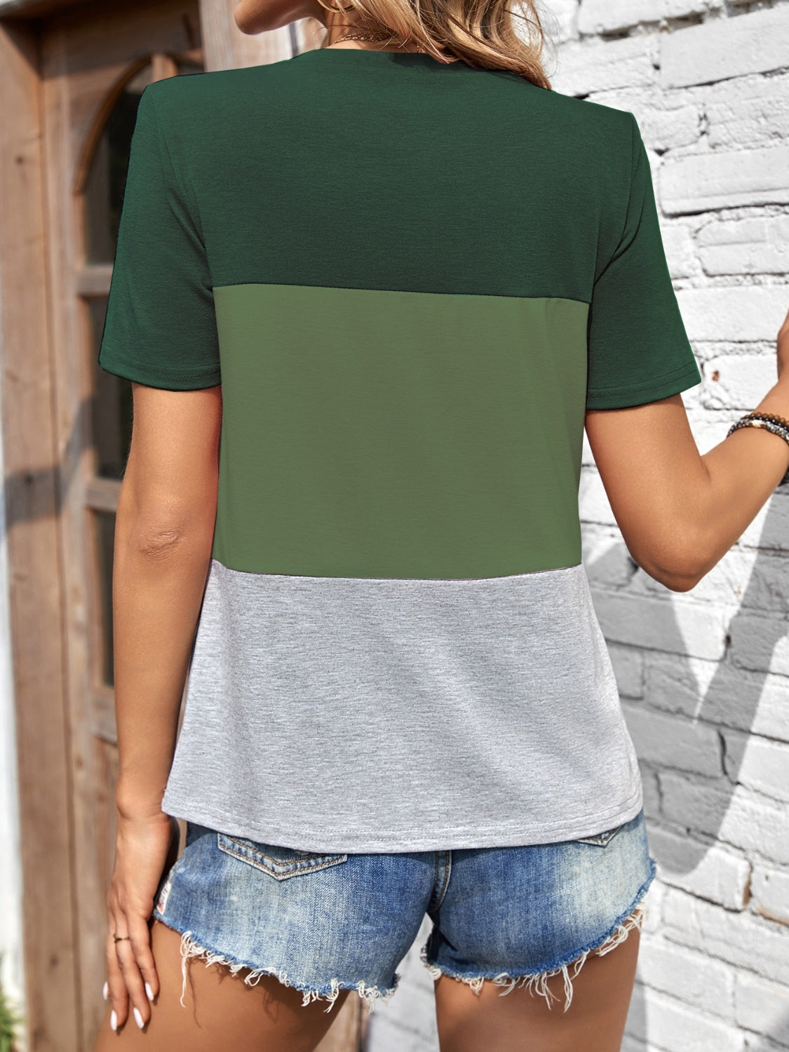 Color Block Round Neck Short Sleeve T-Shirt-TOPS / DRESSES-[Adult]-[Female]-2022 Online Blue Zone Planet