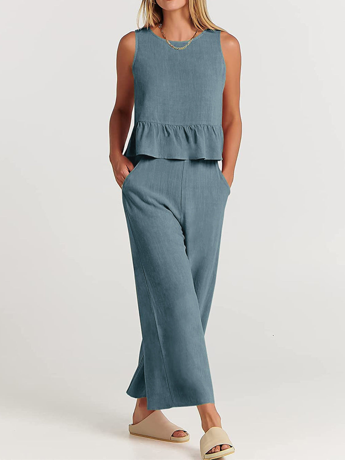 Blue Zone Planet | Full Size Round Neck Top and Wide Leg Pants Set-TOPS / DRESSES-[Adult]-[Female]-Teal-S-2022 Online Blue Zone Planet