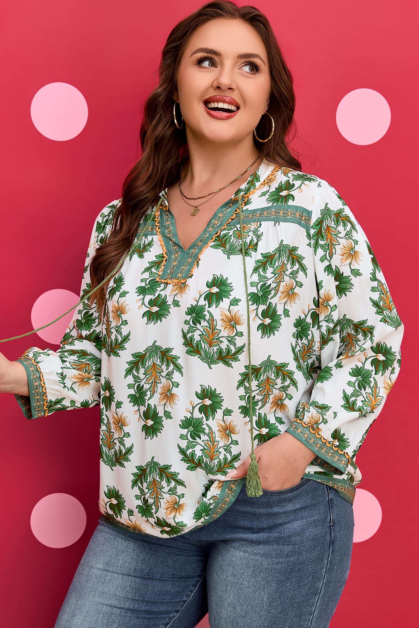 Green Plus Size Floral Printed Contrast Patchwork Detail Tassel Tie 3/4 Sleeve Blouse-Plus Size/Plus Size Tops/Plus Size Blouses & Shirts-[Adult]-[Female]-2022 Online Blue Zone Planet