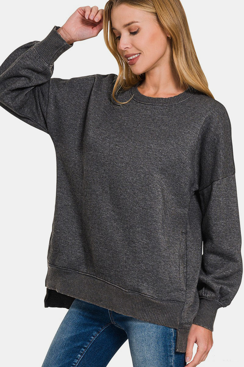 Zenana High-Low Acid Wash Fleece Sweatshirt-TOPS / DRESSES-[Adult]-[Female]-2022 Online Blue Zone Planet