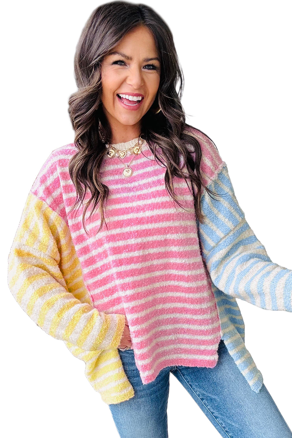 Multicolour Color Block Striped Patchwork Dolman Sleeve Slit Sweater-TOPS / DRESSES-[Adult]-[Female]-2022 Online Blue Zone Planet