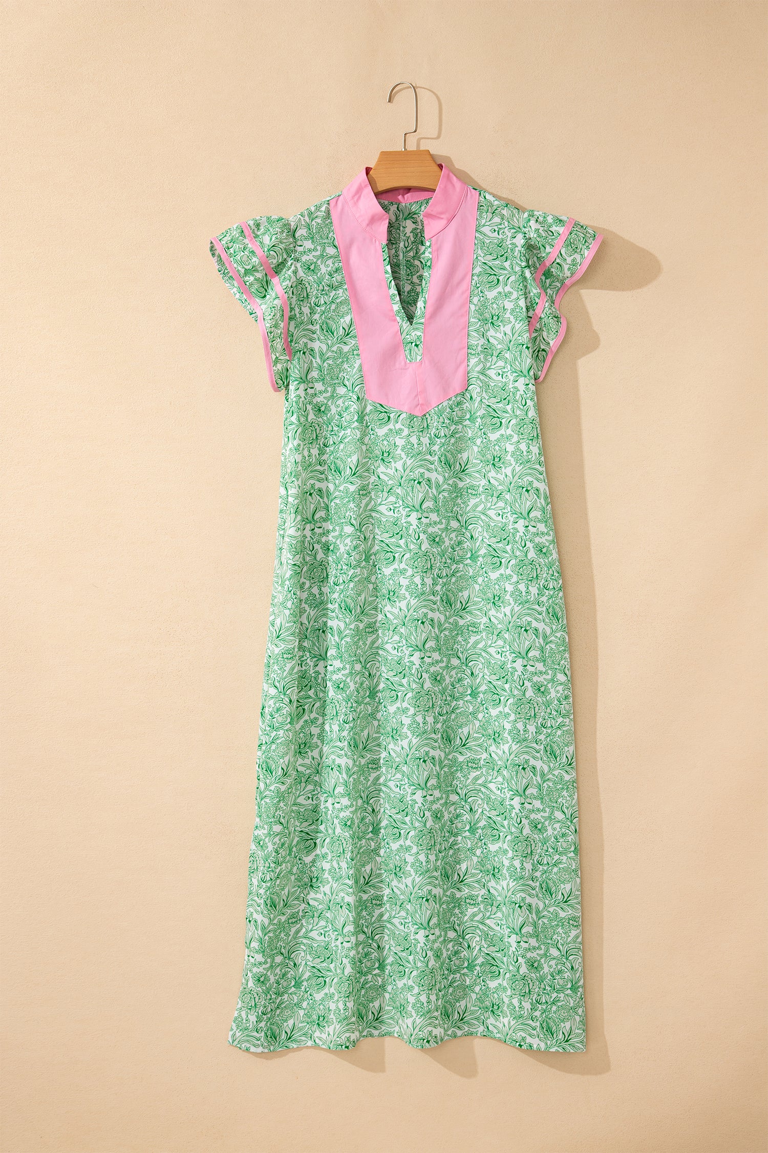 Pink Floral Print Color Block Patchwork V Neck Short Sleeve Midi Dress-TOPS / DRESSES-[Adult]-[Female]-2022 Online Blue Zone Planet