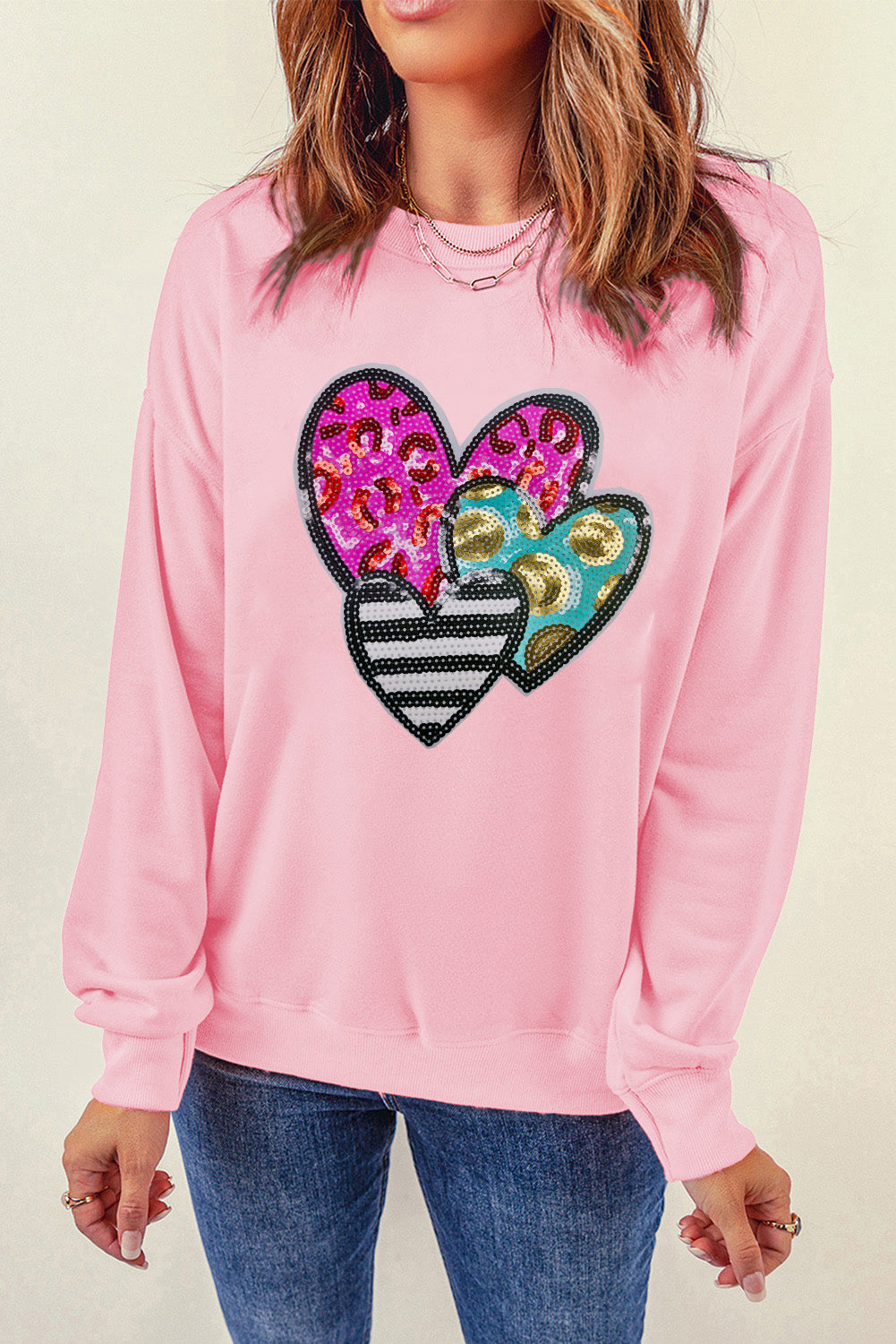 Pink Leopard Heart Patched Graphic Valentines Pullover Sweatshirt-Graphic Sweatshirts-[Adult]-[Female]-2022 Online Blue Zone Planet