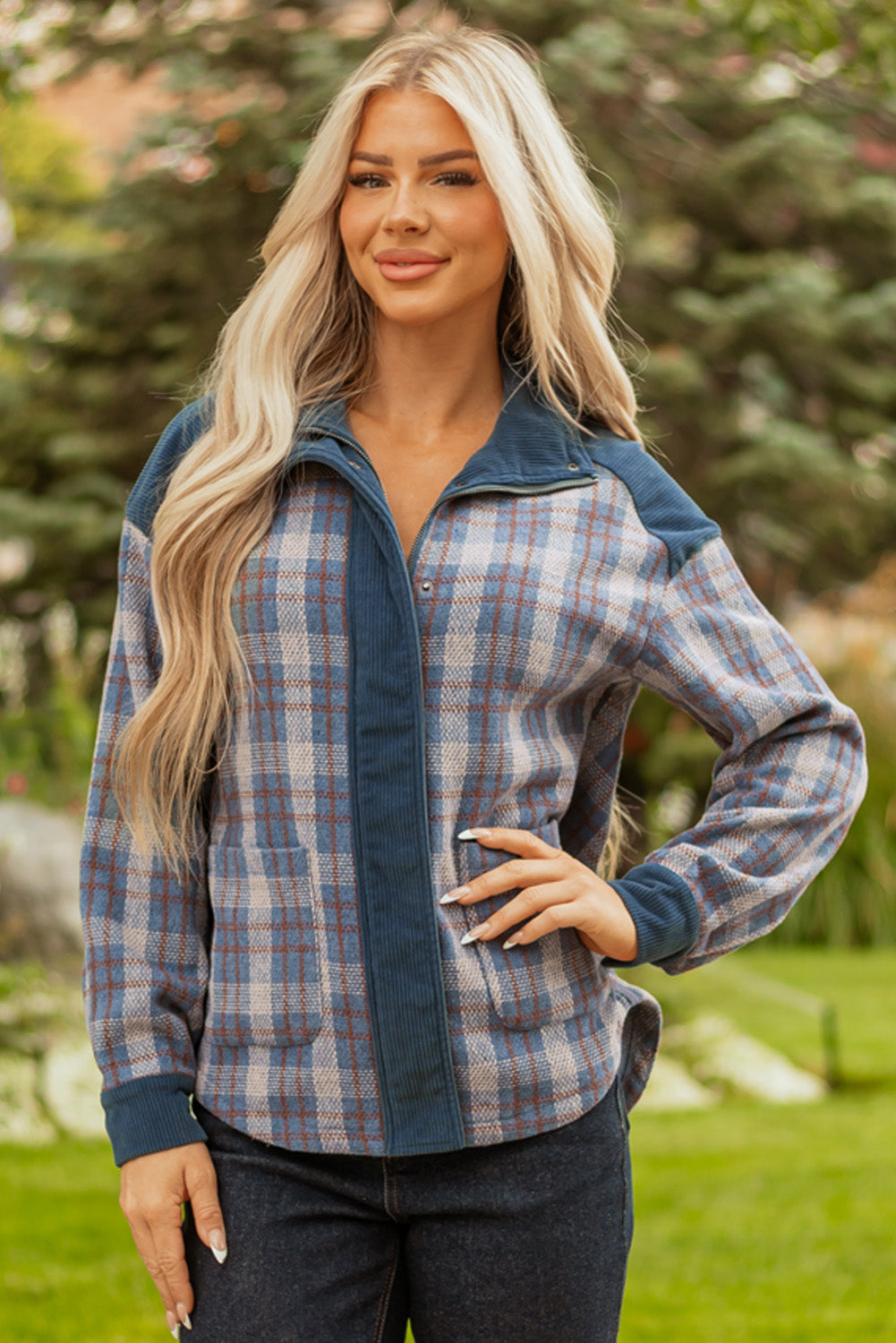 Gray Plaid Corduroy Patchwork Collared Zip Up Snap Button Jacket-Outerwear/Plaid Shackets-[Adult]-[Female]-2022 Online Blue Zone Planet