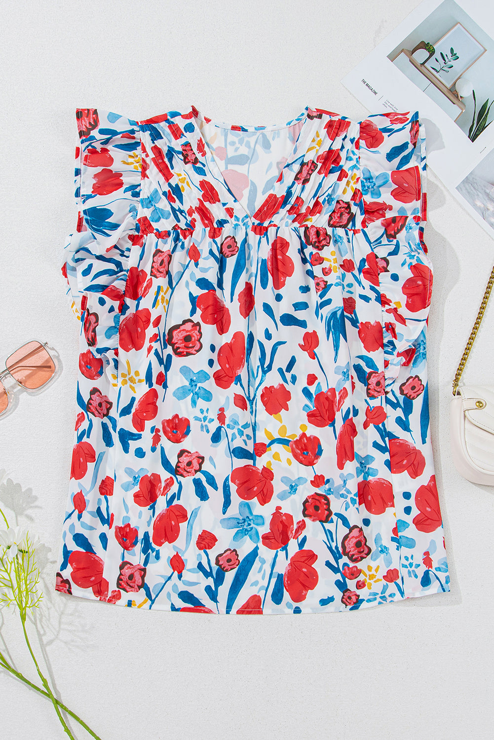 Red Flowers Pintuck Detail V-Neck Ruffled Sleeve Top-Tops/Blouses & Shirts-[Adult]-[Female]-2022 Online Blue Zone Planet