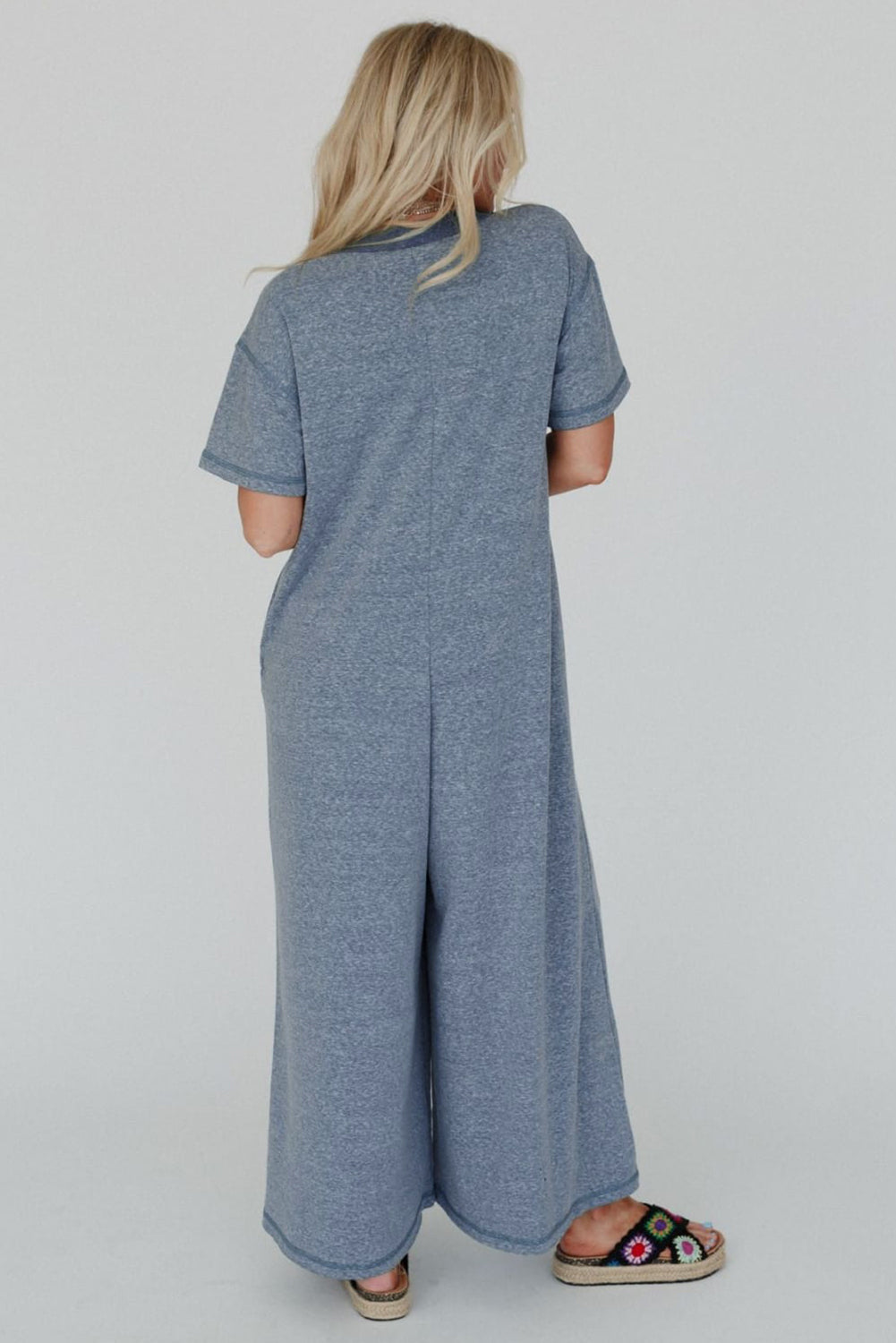 Beau Blue Half Placket Chest Pockets Short Sleeve Wide Leg Jumpsuit-Bottoms/Jumpsuits & Rompers-[Adult]-[Female]-2022 Online Blue Zone Planet