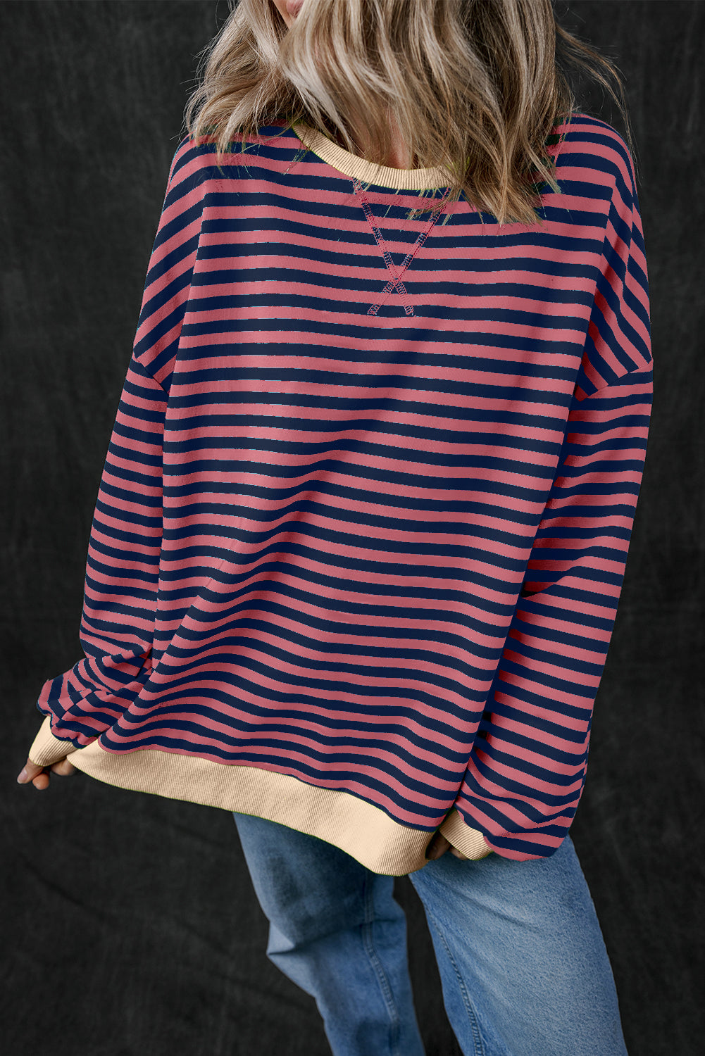 Sky Blue Stripe Oversized Contrast Trim Pullover Sweatshirt-Tops/Sweatshirts & Hoodies-[Adult]-[Female]-Red Stripe-S-2022 Online Blue Zone Planet