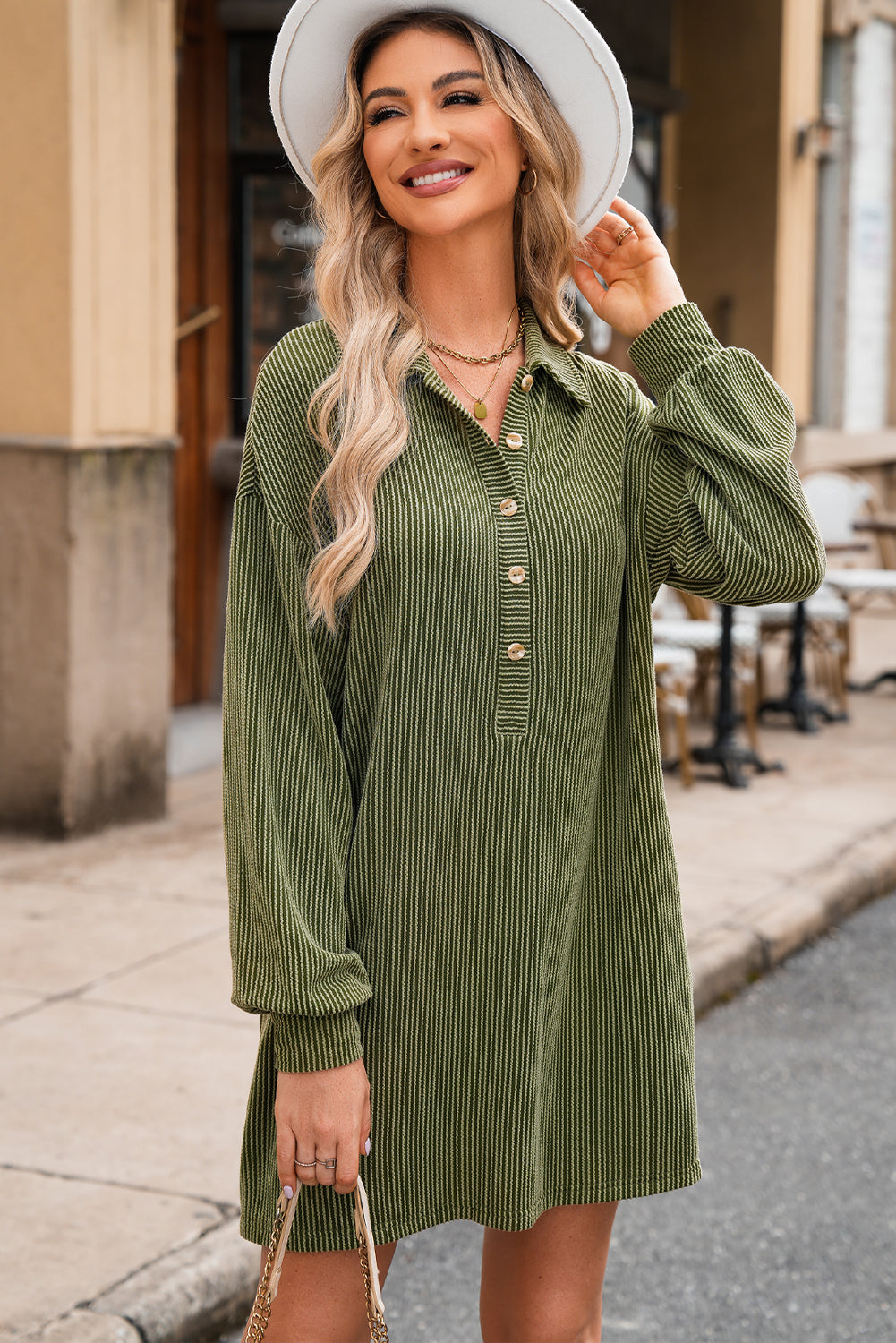 Moss Green Corded Buttons Placket Drop Shoulder Collared Shift Dress-Dresses/Mini Dresses-[Adult]-[Female]-2022 Online Blue Zone Planet