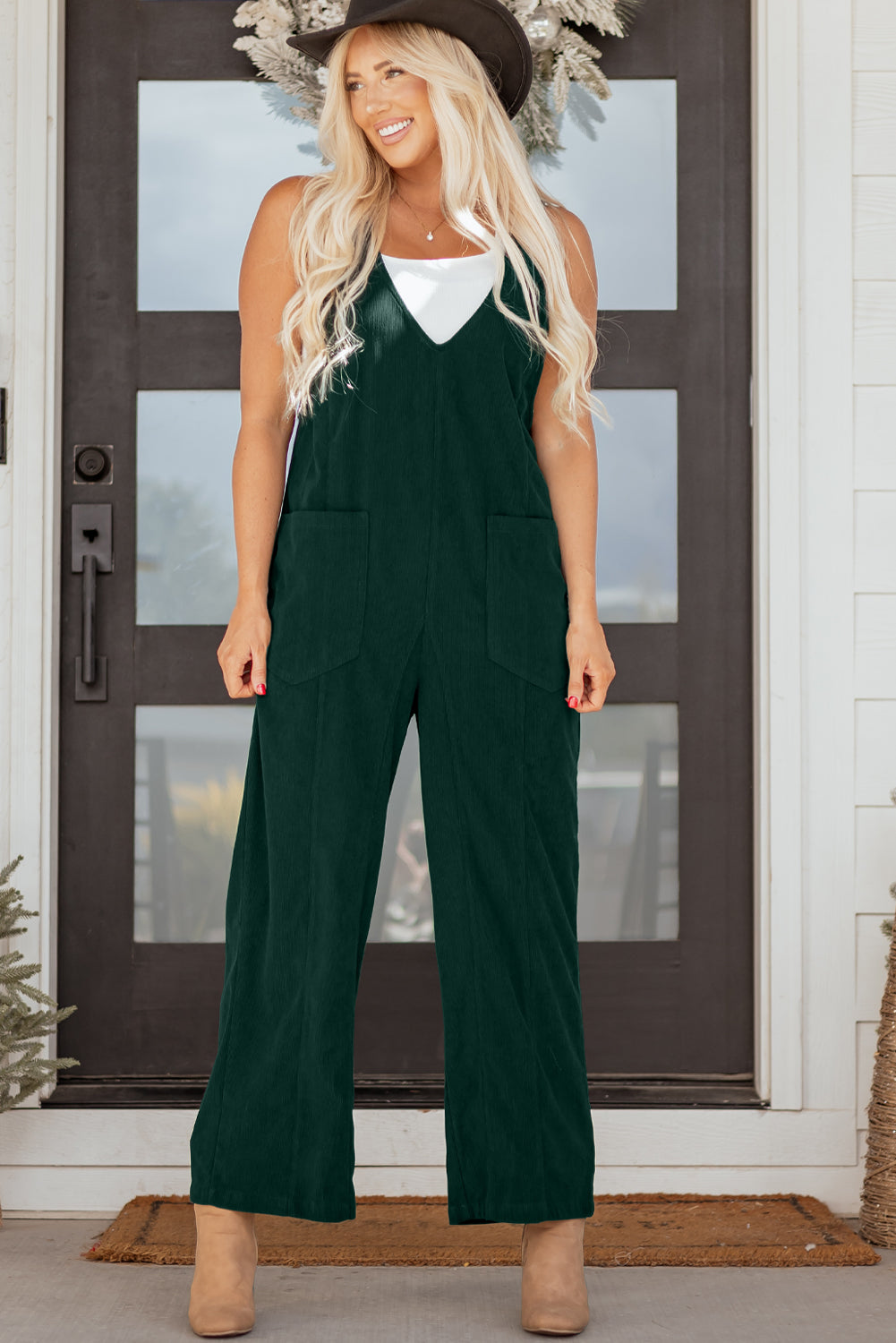 Evergreen Corduroy V Neck Patched Pocket Sleeveless Jumpsuit-Bottoms/Jumpsuits & Rompers-[Adult]-[Female]-2022 Online Blue Zone Planet