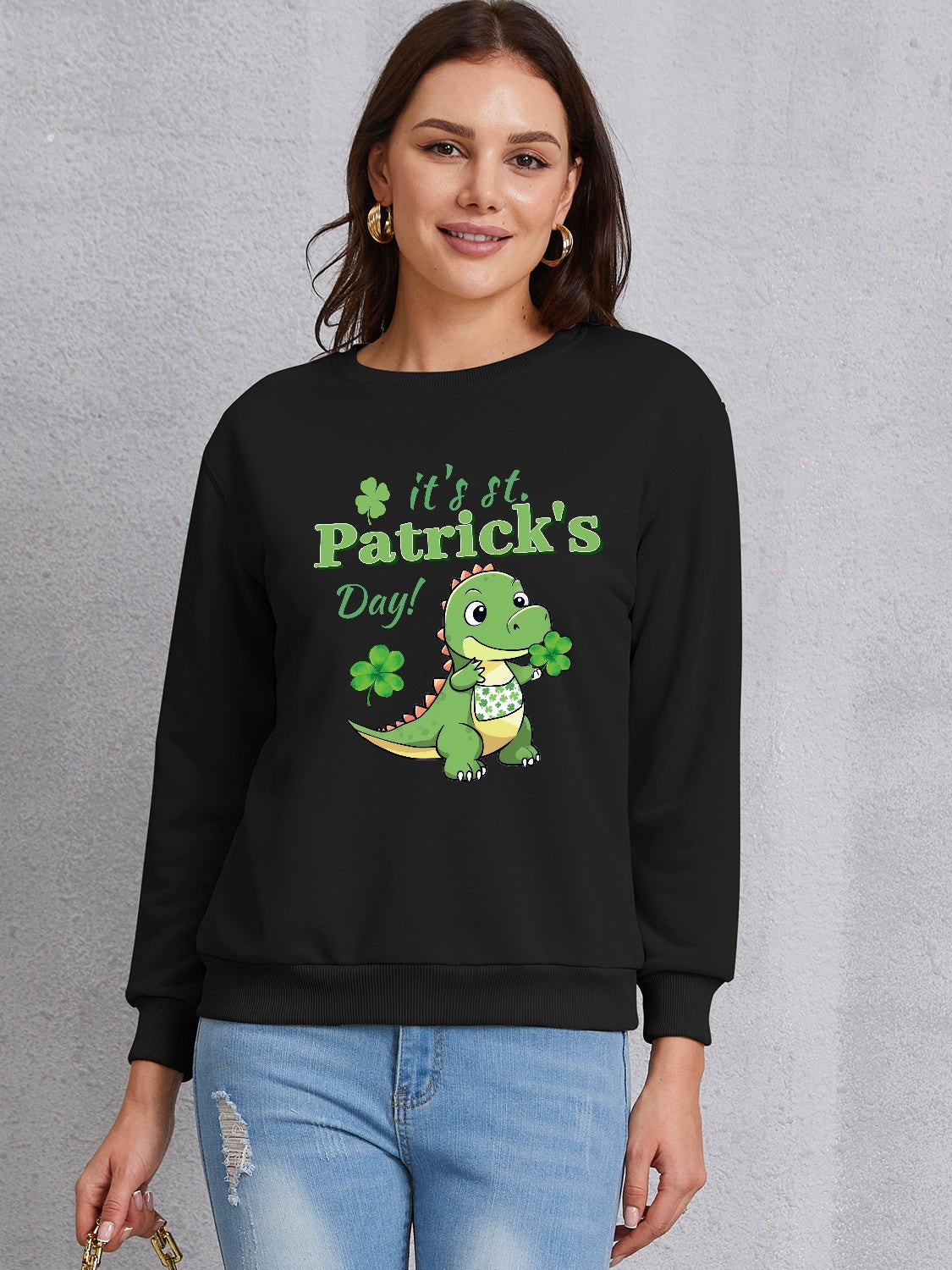 IT'S ST. PATRICK'S DAY Graphic Round Neck Sweatshirt-TOPS / DRESSES-[Adult]-[Female]-Black-S-2022 Online Blue Zone Planet