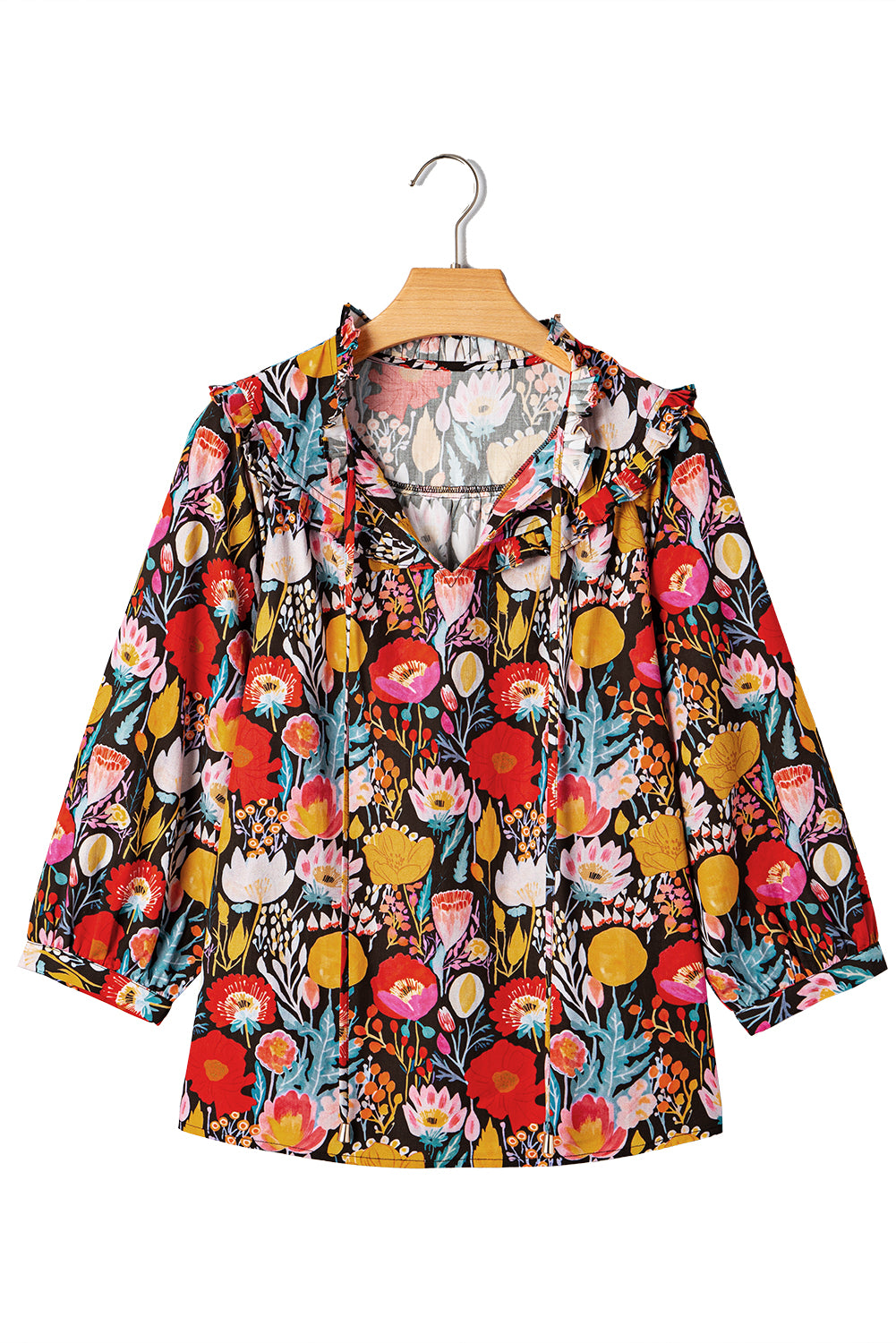 Black Floral 3/4 Puff Sleeve Tied Neck Blouse-Tops/Blouses & Shirts-[Adult]-[Female]-2022 Online Blue Zone Planet
