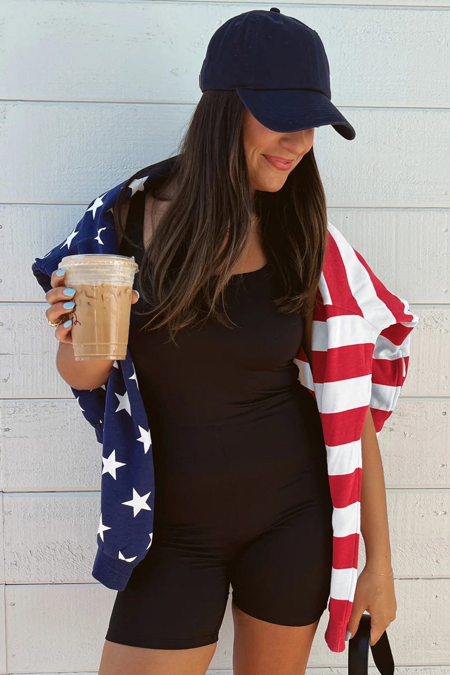 Multicolour Stars Stripes American Flag Zipped Collar Oversized Sweatshirt-Tops/Sweatshirts & Hoodies-[Adult]-[Female]-2022 Online Blue Zone Planet