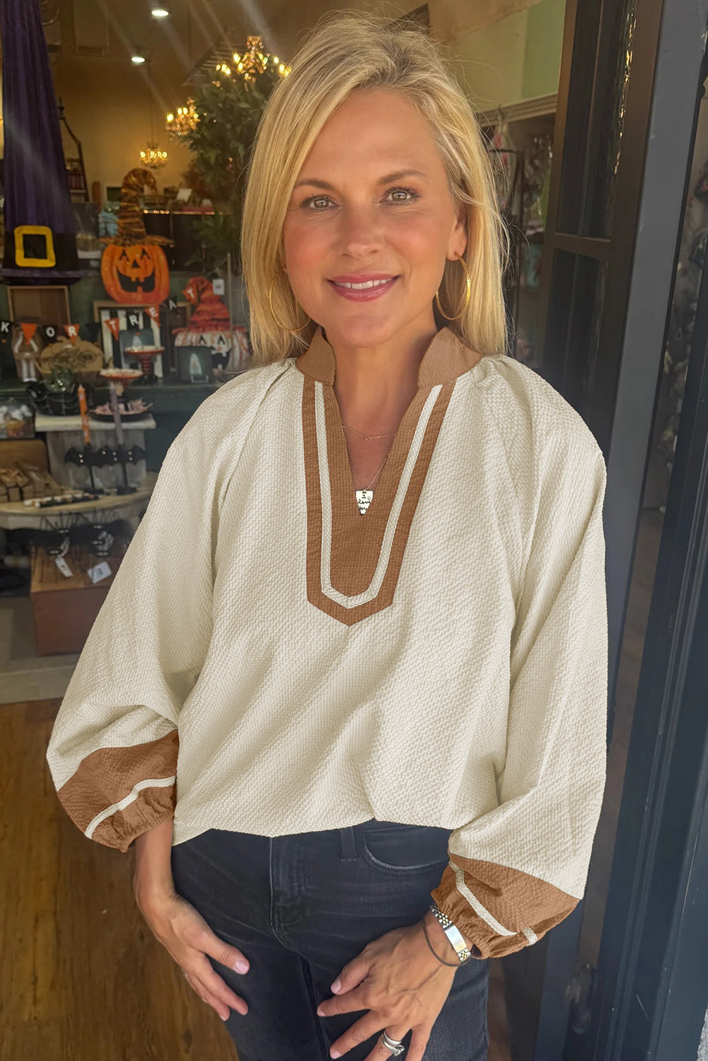 Jet Stream Color Block Patchwork Detail V Neck Textured Long Sleeve Blouse-Tops/Blouses & Shirts-[Adult]-[Female]-2022 Online Blue Zone Planet