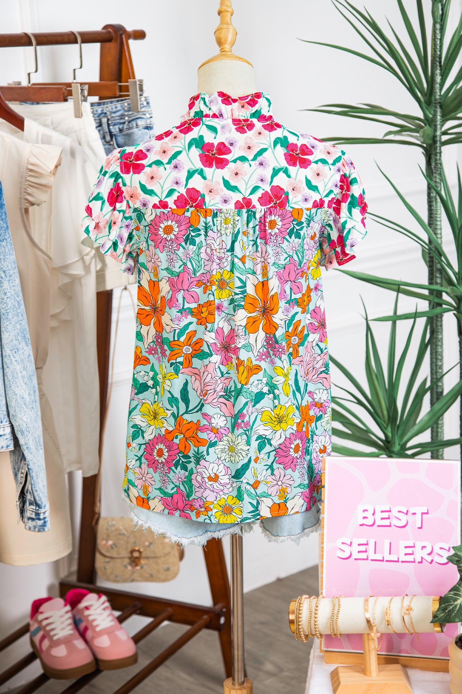 Sky Blue Floral Print Split Neck Button Front Flutter Sleeve Blouse-Tops/Blouses & Shirts-[Adult]-[Female]-2022 Online Blue Zone Planet